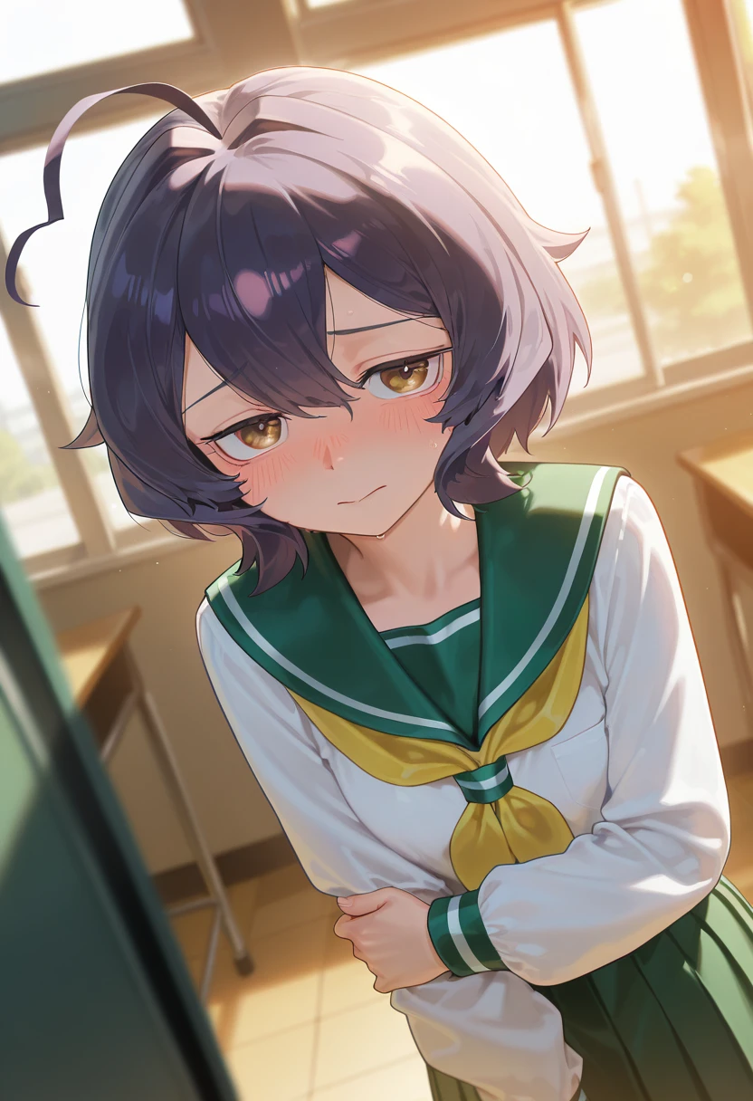 masterpiece, best quality, amazing quality, very aesthetic, absurdres,  newest, scenery, 
EBBaiser, 1girl, dark purple hair, ahoge, bangs, short hair, brown eyes, blush, closed mouth, white shirt, green sailor collar, green pleated long skirt, long sleeves, yellow neckerchief, school uniform, serafuku, standing, indoors, classroom, upper body, close-up, dynamic angle, shy, nose blush, holding own arm, looking at viewer, 
(colorful), masterpiece, best quality, amazing quality, very aesthetic, absurdres,  newest, scenery, <lora:UtenaHiiragiIL-09:1>