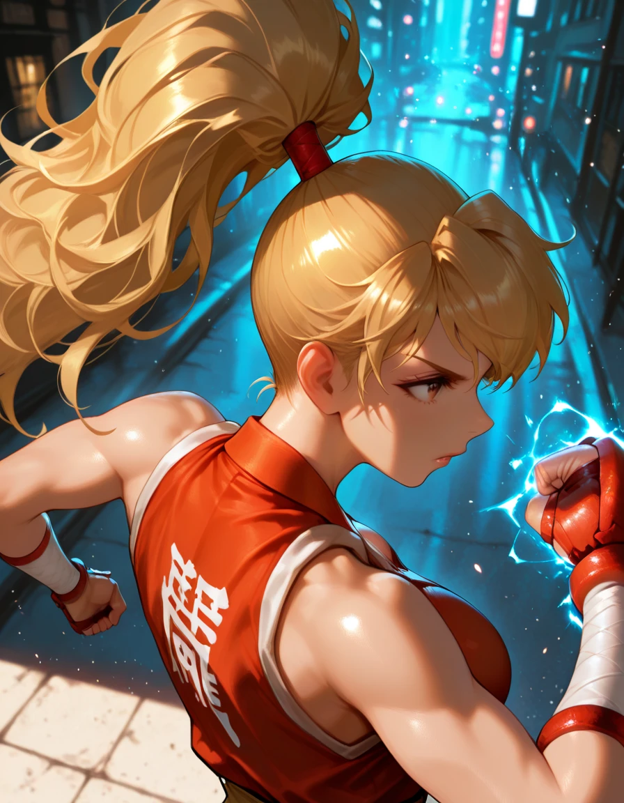 masterpiece, best quality, 1girl, solo, absurdres,
large breasts,
makdg,
long hair, blonde hair, brown eyes, ponytail,
, from behind, from above , delivering a finishing punch, final moment, intense close-up, ,
attack, fighting stance,
city,
glowing, light particles, blurry background,
embedding:SmoothQuality,