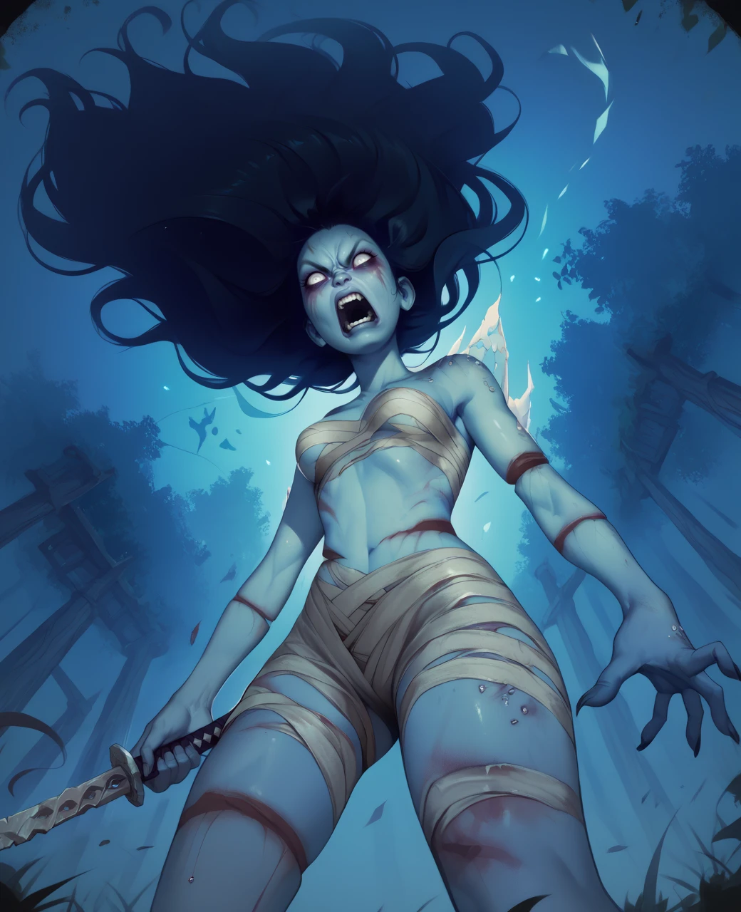 score_9,score_8_up,score_7_up,score_6_up,score_5_up,score_4_up,
thespiritxl,black large hair,white eyes,angry,long hair,
open mouth,from below,standing,injury,floating limb,
holding sword,chest sarashi,
looking at viewer,
night,forest,<lora:TheSpiritDExl-12v62:0.9>,