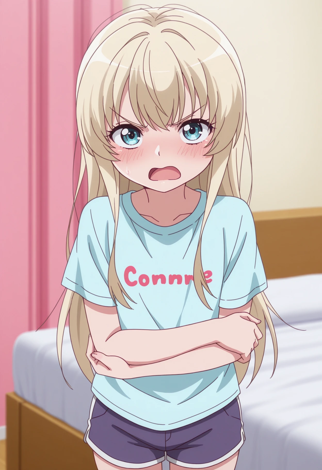 One girl,Tenma Saki, body type,Yellow Hair,Red Eyes,project sekai,long hair,cute,cute,nsfw,shirt,Bed,Sitting,fellatio,irrumatio,One boy,penis,