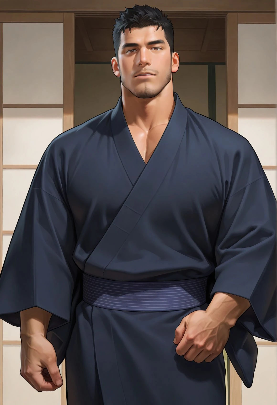asian,1boy,bara,mature male,brown eyes,black hair,long sideburns,
cowboy shot,kimono,looking at viewer,parted lips,
very awa,masterpiece,best quality,absurdres,newest,perfect quality,detailed background,intricate details,
<lora:wwh-vc:0.6>,goatee,stubble,mustache,