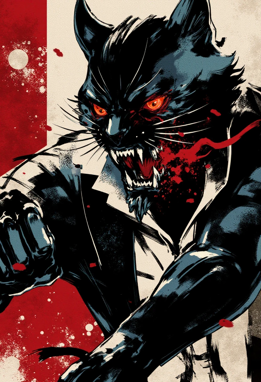 <lora:Yoji_Shinkawa_Style_FLUX-000012:0.8>
This image is a stylized digital illustration with a gritty yshinkawa cyberpunk anime aesthetic, showcasing an angry cat hissing