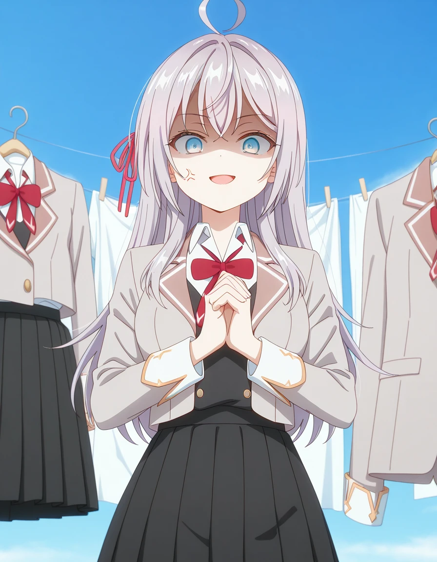 masterpiece, best quality, amazing quality,, <lora:alisa-mikhailovna-kujou-s1-illustriousxl-lora-nochekaiser:1>, alisa mikhailovna kujou, long hair, bangs, blue eyes, hair ribbon, ahoge, grey hair, red ribbon, breasts, anime screencap, skirt, shirt, long sleeves, bow, school uniform, jacket, white shirt, pleated skirt, collared shirt, bowtie, black skirt, red bow, red bowtie, blazer, grey blazer, long sleeves,, laundry day, clothesline, drying clothes, domestic life, fresh air, blue sky, smile, cracking knuckles, shaded face, open mouth, looking at viewer, looking down, fist in hand, own hands together, anger vein, false smile, looking at viewer, solo,, cowboy shot, solo