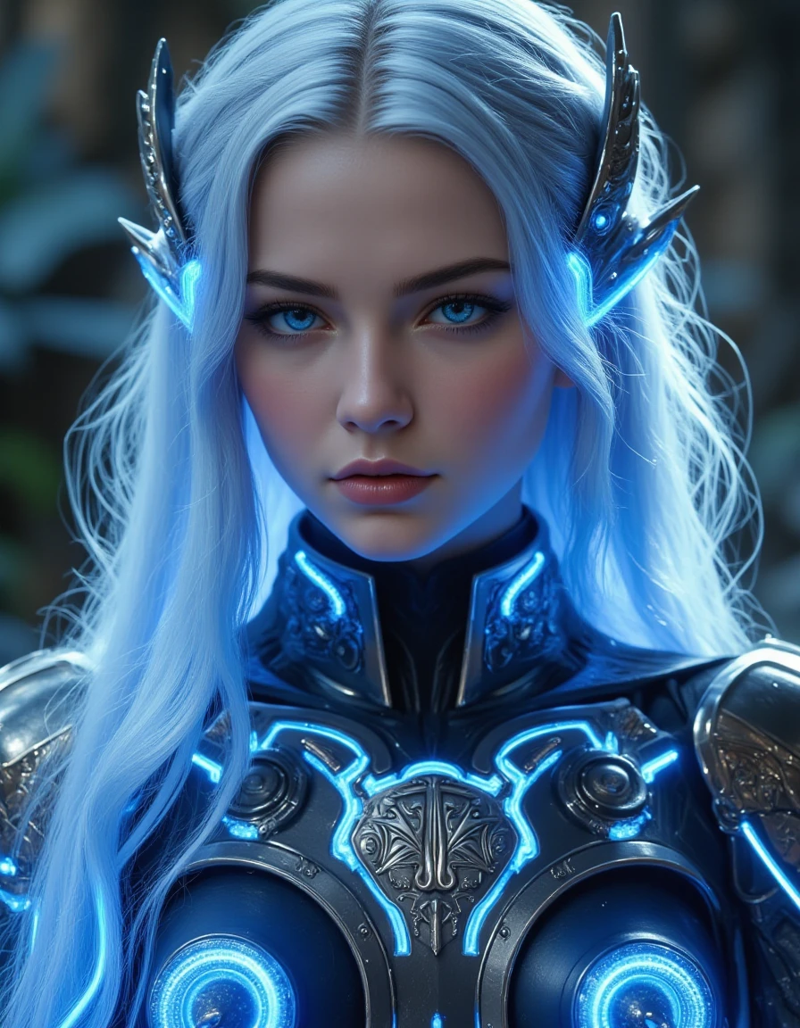 hyperrealistic, photo, masterpiece, stunning, best quality,
20-year-old Nordic cyber goddess with flawless pale skin, mesmerizing deep blue eyes that pierce through everything. Her long silver hair shimmers starlight, flowing down her back. Her body is adorned with intricate cybernetic enhancements, including sleek metallic arms of precision alloys and liquid metal that shifts with fluidity. She wears a futuristic armor, embossed with ancient Nordic symbols, glowing with radiant lights that represent both divine power and cutting-edge technology.
perfect lighting, professional, high contrast, bright colors, intricate details, (high quality texture), (sharp), (artistic image), 8K, highly detailed, fantasy, vivid, rich details, <lora:MS_Fantasy_Flux_V1:0.9>