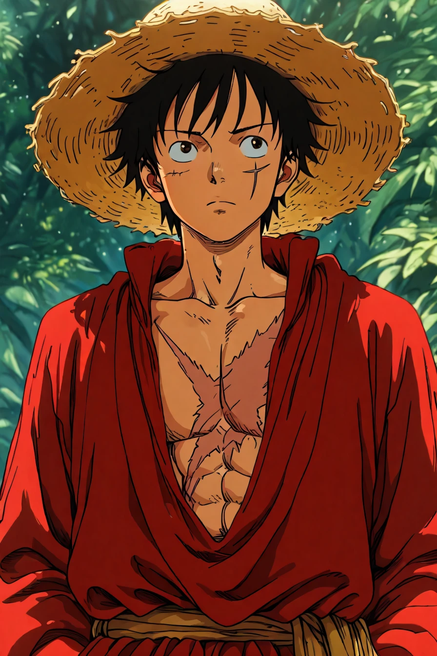 Luffy, red jacket, scar on chest, straw hat, black hair, 1boy, solo, alone, <lora:the_lord_of_the_rings_style_illustriousXL_r1:1>, lotr_style, masterpiece, highres