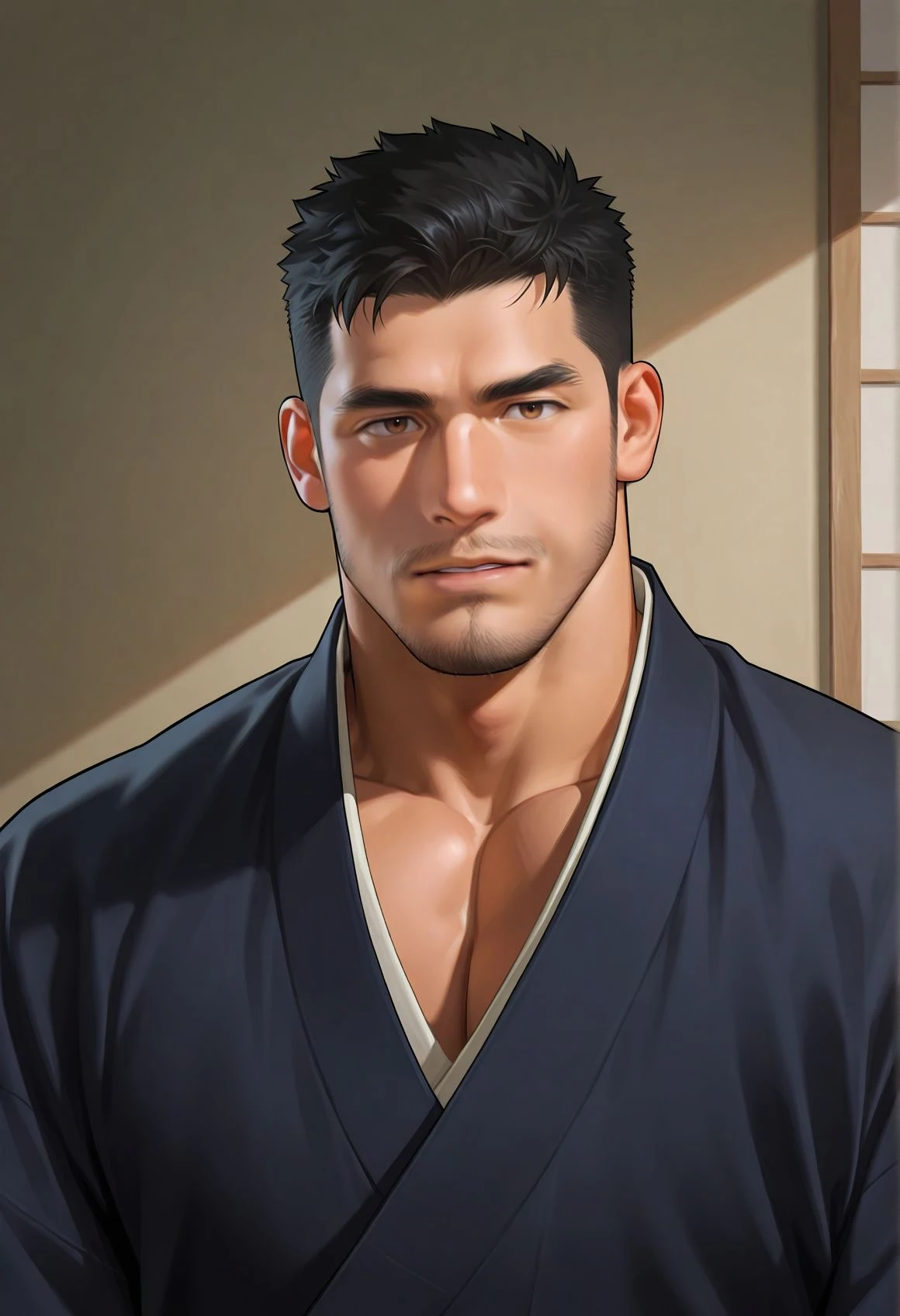 asian,1boy,bara,brown eyes,black hair,long sideburns,
upper body,kimono,looking at viewer,parted lips,
very awa,masterpiece,best quality,absurdres,newest,perfect quality,detailed background,intricate details,
<lora:wwh-vc:0.6>,goatee,stubble,mustache,