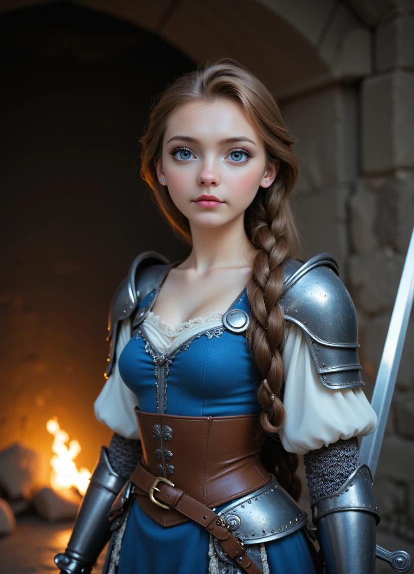 A photo-realistic shoot from a frontal camera angle about a young woman in medieval armor with a serious expression, standing in front of a fiery background. the image also shows intricate details on the armor and the woman's hair in a long braid. on the middle of the image, a 1woman, who appears to be in her early twenties, with light skin, blue eyes, and long brown hair styled in a single braid, is facing the viewer with a neutral expression. she is wearing a blue corset, white puffed sleeves, and a brown belt around her waist, along with a pair of earrings and a sword in her right hand. her armor is detailed with silver accents, including shoulder armor, breastplate, and pauldrons. the background is a dimly lit, stone wall with a hint of fire, giving the image a dramatic and intense atmosphere.,1girl, solo, long hair, breasts, looking at viewer, blue eyes, brown hair, holding, closed mouth, jewelry, medium breasts, upper body, braid, weapon, earrings, belt, sword, holding weapon, blurry, armor, lips, single braid, blurry background, holding sword, fire, shoulder armor, gauntlets, hair over shoulder, pauldrons, breastplate, nose, realistic, armored dress, knight,