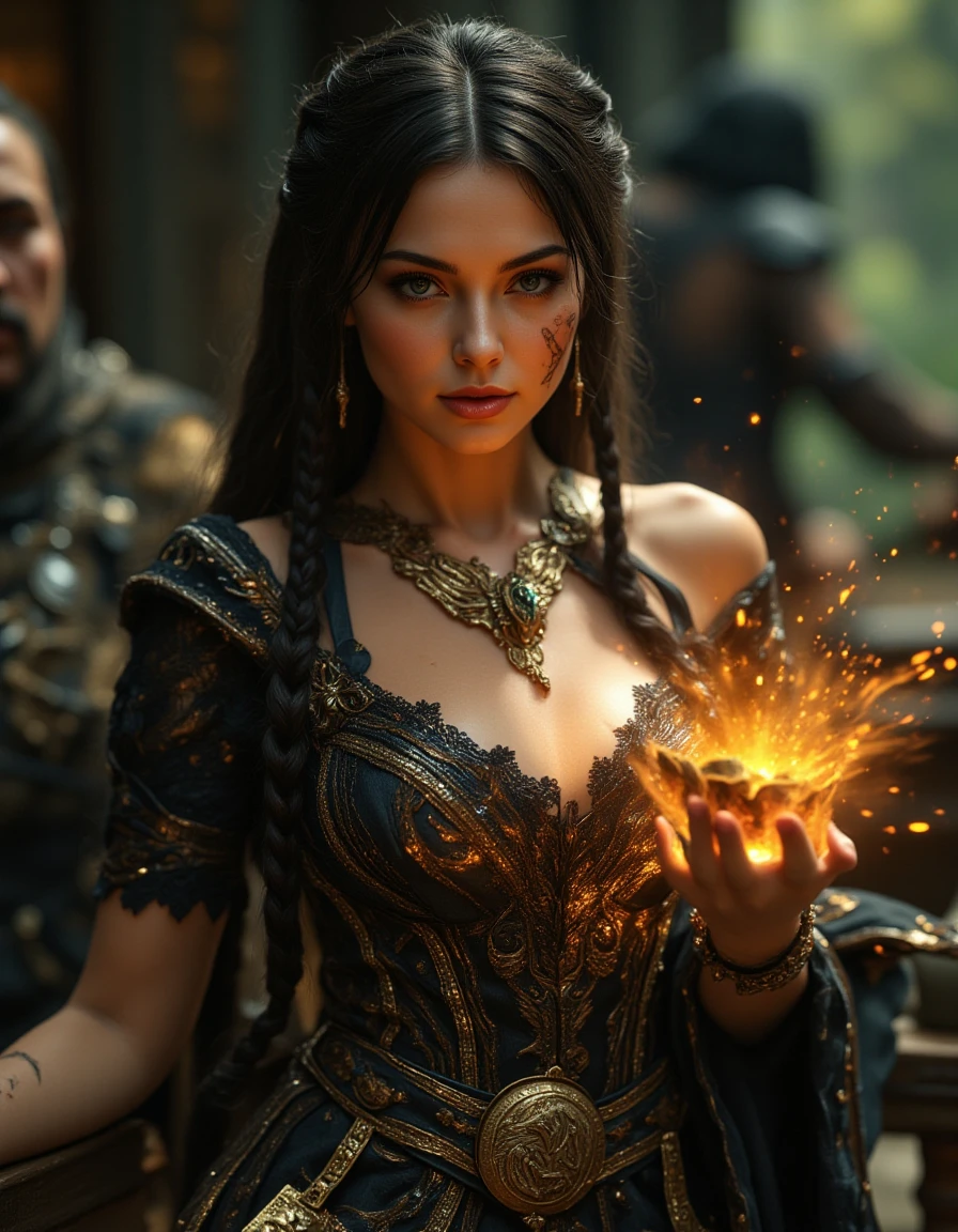 hyperrealistic, photo, masterpiece, stunning, best quality,
professional digital artwork of a beautiful and stunning curvy woman, She is a fierce, mythic warrior with an almost magical presence. Her outfit is an chaotic mix of lace, leather, metal and enchanted relics that are reminiscent of ancient legends and seems mystical. Her dark hair is braided with ((threads of gold and silver)), adorned with tiny charms shaped like mythical creatures and runes that glint with bright, otherworldly light. Her eyes are a striking stormy gray, and a scar runs from her cheek to her jawline, suggesting she's faced creatures straight from legend. Around her neck, she wears an amulet made from a shard of broken mythstone, pulsating faintly with magic, inscribed with runes. the entire scene is flooded with light but still mystical and mysterious. intricate details, cinematic, scary lighting, vibrant colors, (ultra detailed, high quality texture), (sharp), (artistic image), 8K, dynamic, depth of field, intricate, <lora:MS_Fantasy_Flux_V1:0.8>