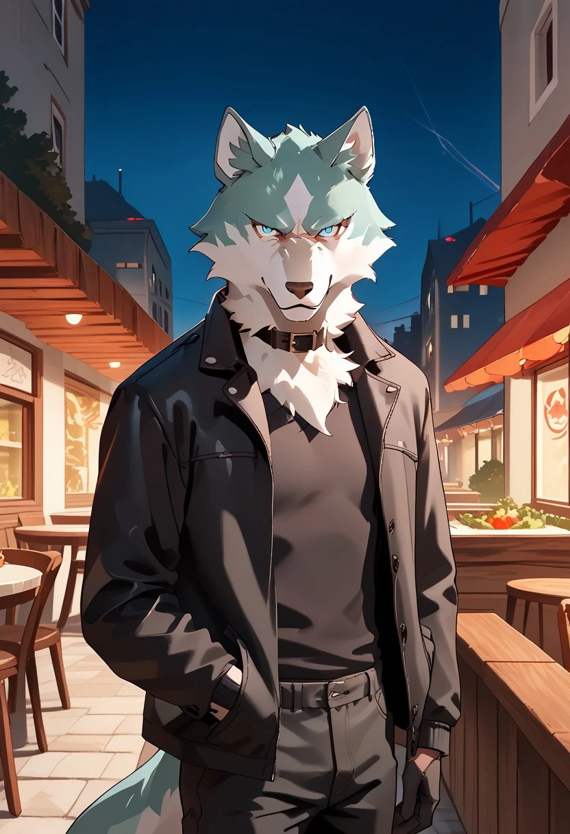 score_9_up, score_8_up, score_7_up, masterpiece, best quality, amazing quality, very aesthetic, absurdres, newest, high quality, detailed, male, solo male, Shirou Ogami, 1boy, mature male, male, athletic build, anthro, wolf, animal ears, white and teal fur, ice blue eyes, black leather jacket, black sweater, black gloves, dark gray pants, black choker collar, half body, looking at viewer, stern expression, outdoors, balcony, outdoor restaurant, night, volumetric lighting