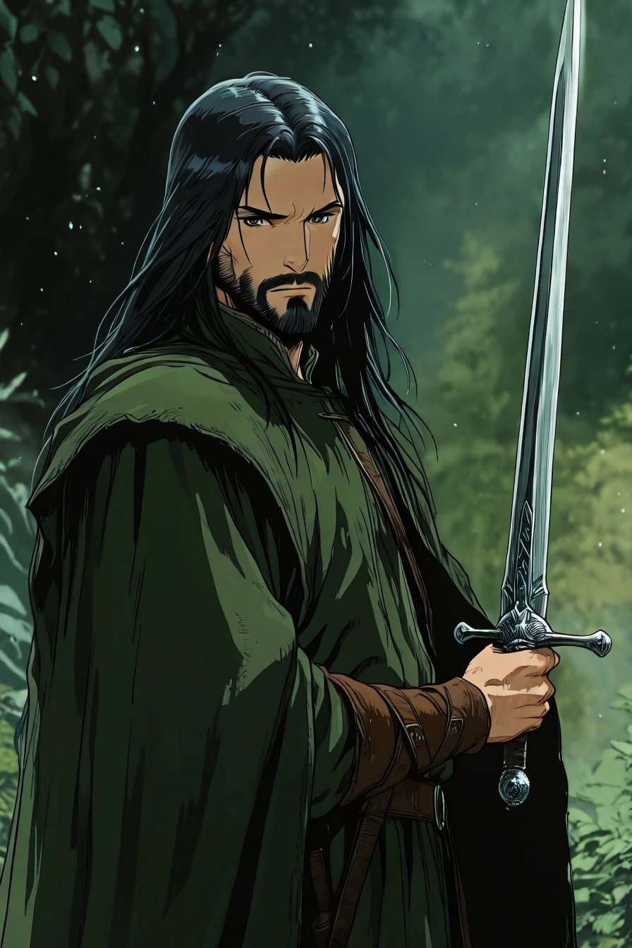 aragorn, black hair, long hair, beard, weapon, holding sword, 1boy, solo, alone, <lora:the_lord_of_the_rings_style_illustriousXL_r1:1>, lotr_style, masterpiece, highres