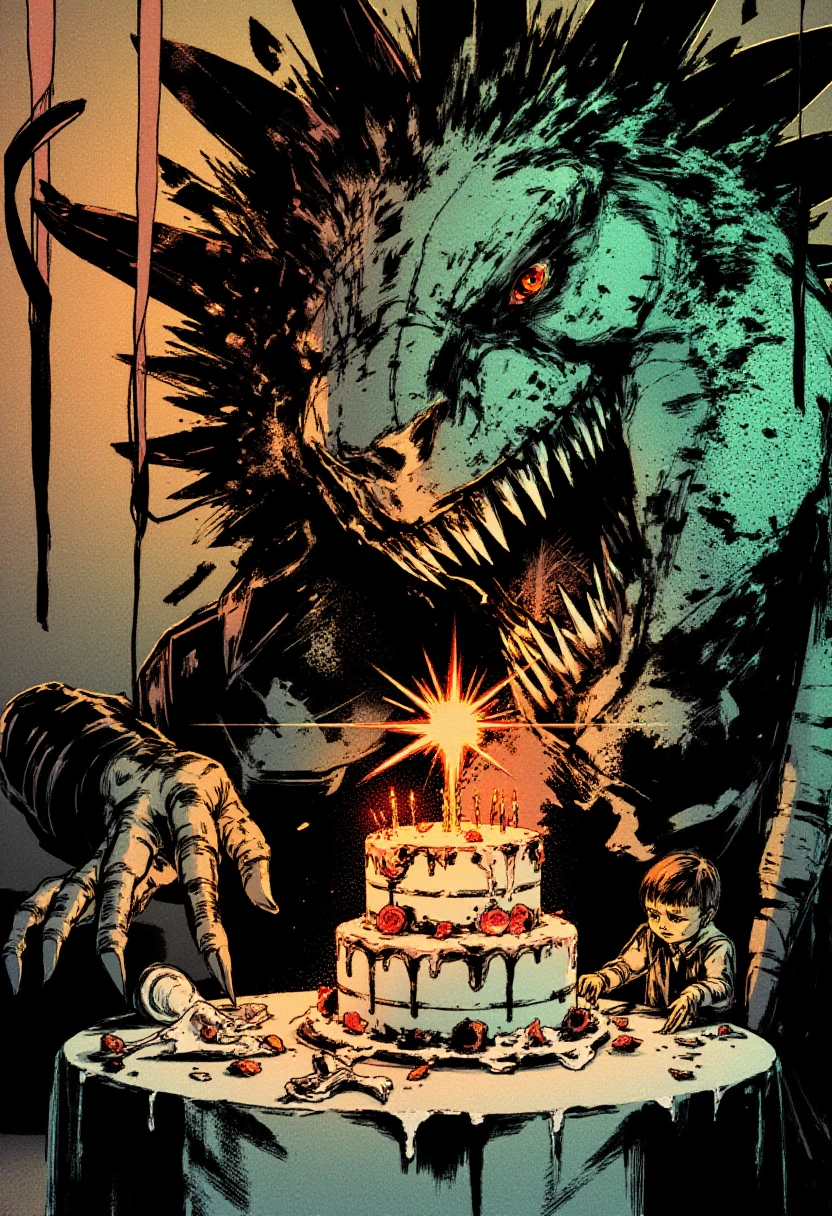 <lora:Yoji_Shinkawa_Style_FLUX-000012:0.9>
This is a digital illustration in a manga-inspired, dark, and gritty yshinkawa style. The artwork features dinosaur birthday party