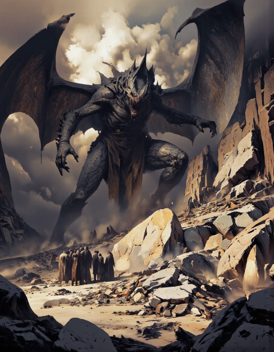 Art by Piotr JabÅoÅski. A dramatic digital illustration shoot from below about a large, menacing dragon towering over a rocky landscape, with a group of small, dark-skinned figures standing in front of it. the scene is set in a dimly lit, smoky environment with rocks and debris scattered around, and the atmosphere is ominous and foreboding. in the center of the image, the dragon appears to be in a state of power, with its wings spread wide and its mouth open, as if roaring. the dragon's scales are detailed and textured, and its eyes are glowing with a menacing intensity. on the left side of the dragon, the group of figures are standing close together, looking up at the dragon with a sense of awe and fear. the figures appear to be of unknown age, and they are all facing the same direction, but their faces are not visible due to the size difference between the dragon and the group. the overall effect is one of chaos and destruction, with the dragon dominating the scene.