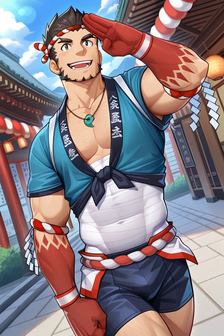 score_9, score_8_up, score_7_up, score_6_up, perfect anatomy, perfect proportions, best quality, masterpiece, high_resolution, high quality, aesthetic, absurdres, (male focus), solo male, adult, mature, masculine, manly, handsome, charming, alluring, cowboy shot, dutch angle, source_game \Live A Hero\), official style \(Live A Hero\), Nessen Mochizukin, LAHNessen, red eyes, black hair, short hair, sideburns, facial hair, chinstrap beard, jawline beard, pointy ears, fangs, horns, broken horn, LAHNessen_outfit01, sansuke outfit, Japanese clothes, blue headband, blue happi, sleeves rolled up to shoulder, red tasuki \(japanese clothing\), bandaged forearms, bandaged hands, red girdle, white fundoshi, rokushaku fundoshi, legs armor, black tabi\(japanese footwear\), waraji\(japanese straw sandals\), straw sandals, wrist beads,