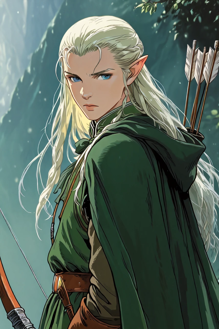 legolas, pointy ears, elf, male, blonde hair, long hair, blue eyes, cape, bow (weapon), arrow (projectile), 1boy, solo, alone, <lora:the_lord_of_the_rings_style_illustriousXL_r1:1>, lotr_style, masterpiece, highres