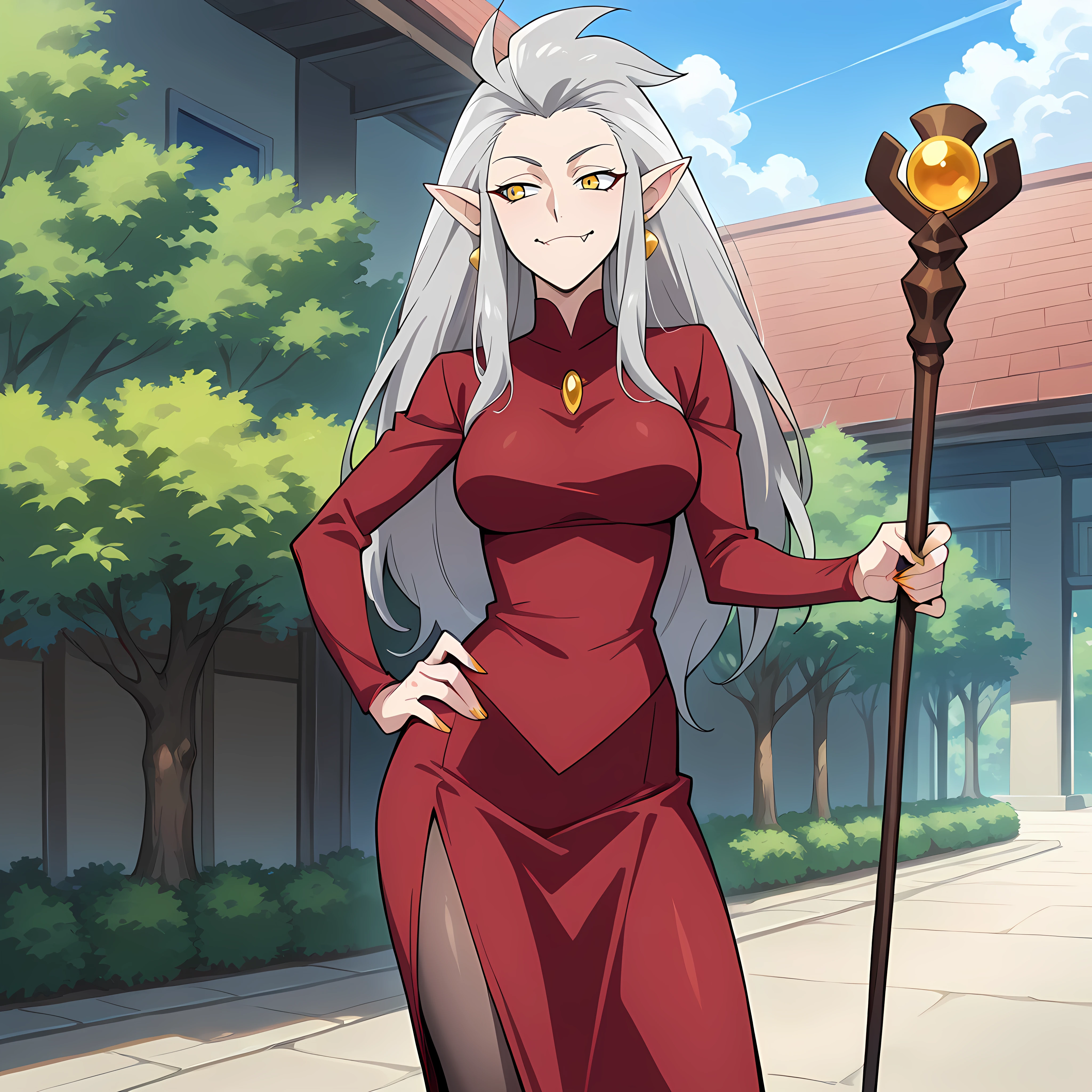 score_9, score_8_up, score_7_up, score_6_up, source_anime, rating_questionable, 1girl, solo, outdoors, mature woman, Eda_TOH, jewelry, pointy ears, earrings, 1girl, long hair, yellow eyes, colored skin, grey hair, fang, smile, red dress, staff, hand on own hip