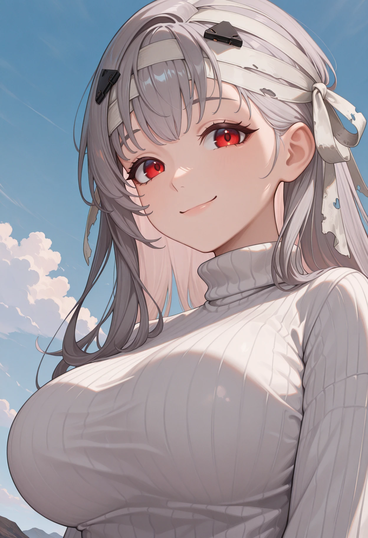 masterpiece, best quality, absurdres, highres, newest, 1girl, solo, <lora:modernia-nikke-richy-v1_ixl:1> moderniarnd, red eyes, grey hair, long hair, bangs, large breasts, hair ornament, bandaged head, smile, closed mouth, white sweater, turtleneck sweater, looking at viewer, outdoors, close-up, blue sky