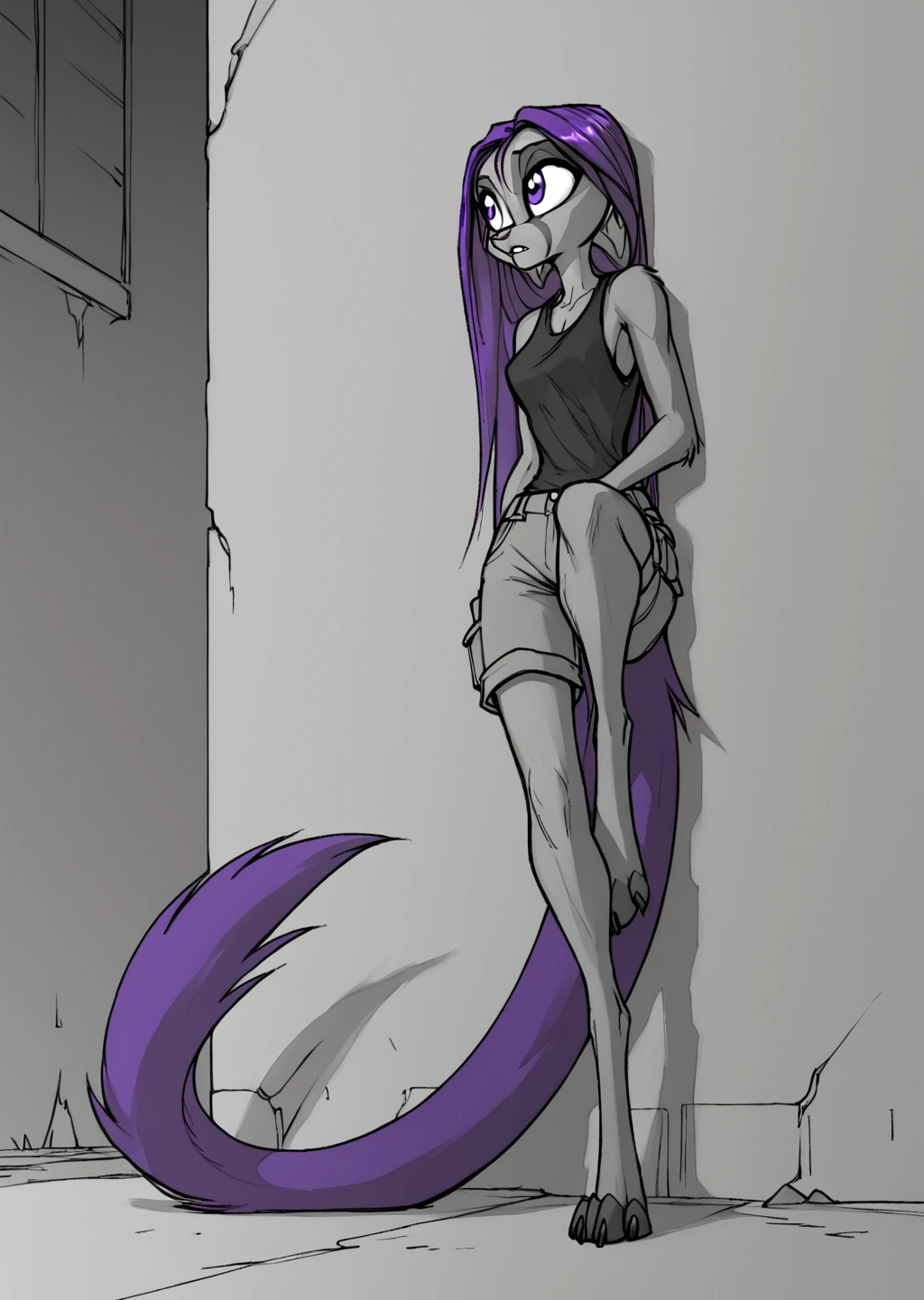 Score_9, score_8_up, score_7_up, flat colors, an Anthro avian crow girl, female, small grey beak, tall, small crow tail, black body, white background, purple eyes, short black emo hair, purple highlights in hair, hands with five fingers, eyes half open, bored, naked, barefoot, bird leg texture, bird arm texture, 5 toes, toe claws, sitting on a block, foot focus,