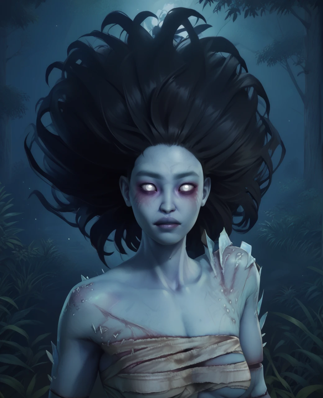 score_9,score_8_up,score_7_up,score_6_up,score_5_up,score_4_up,
thespiritxl,black large hair,white eyes,large hair,
bandages,
upper body,looking at viewer,
night,forest,<lora:TheSpiritDExl-12v62:1>,