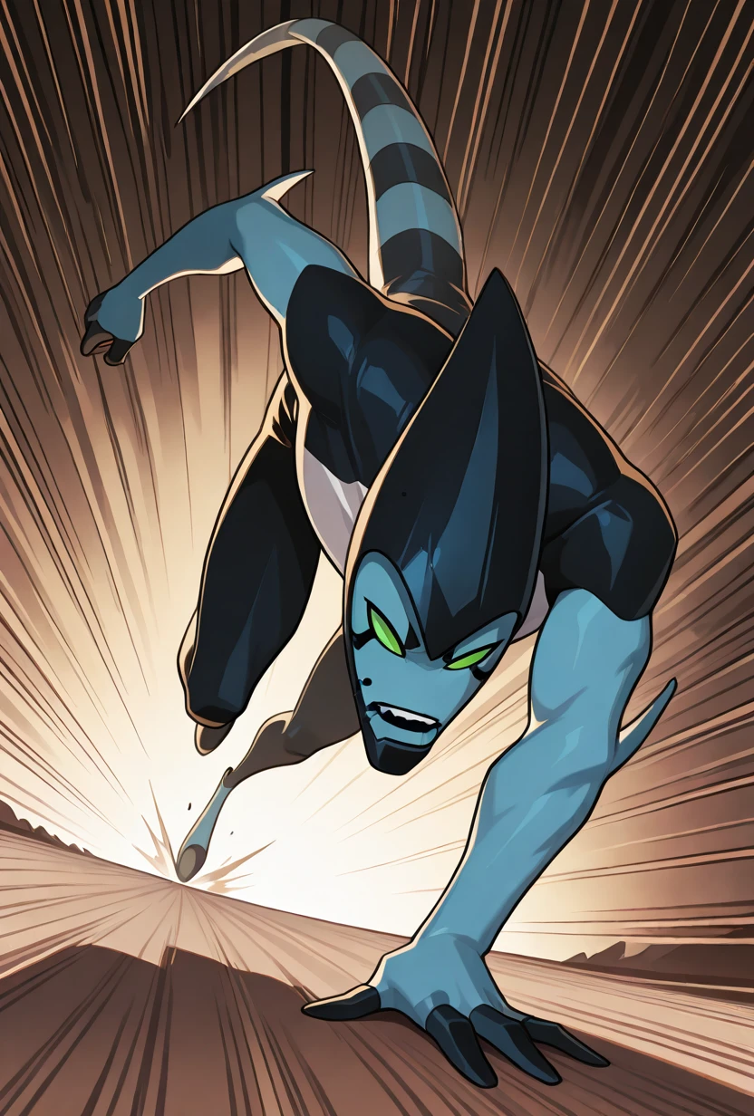<lora:xlr8-08:1> xlr8, solo, green eyes, blue skin, , stripped tail, 1boy, black mouth, mouth strip, lines from mouth edges, dynamic pose, speeding, speed lines, fast, running, detailed background,, masterpiece, best quality, amazing quality, very aesthetic, absurdres, newest,