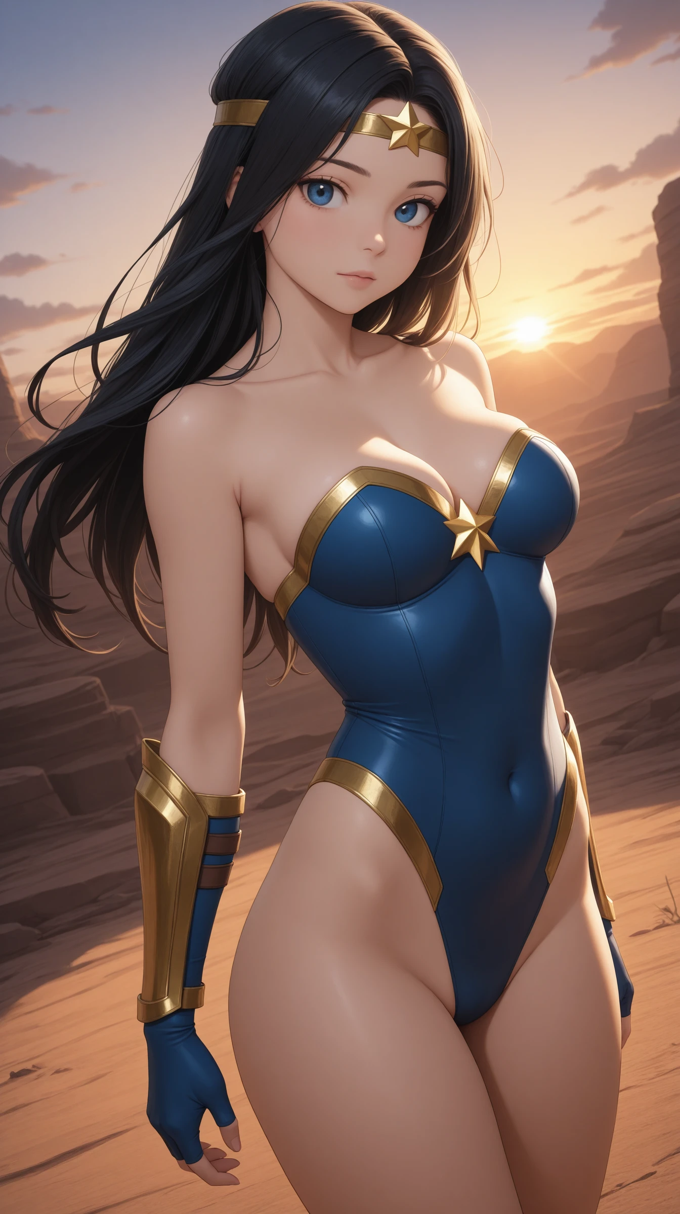 masterpiece, best_quality, amazing_quality, very_aesthetic, absurdres, newest, 1girl, armor, bare shoulders, black hair, blue eyes, breasts, circlet, cleavage, collarbone, headband, leotard, long hair, looking at viewer, medium breasts, outdoors, solo, standing, star symbol, strapless, sunset, superhero, dynamic angle, dynamic posing