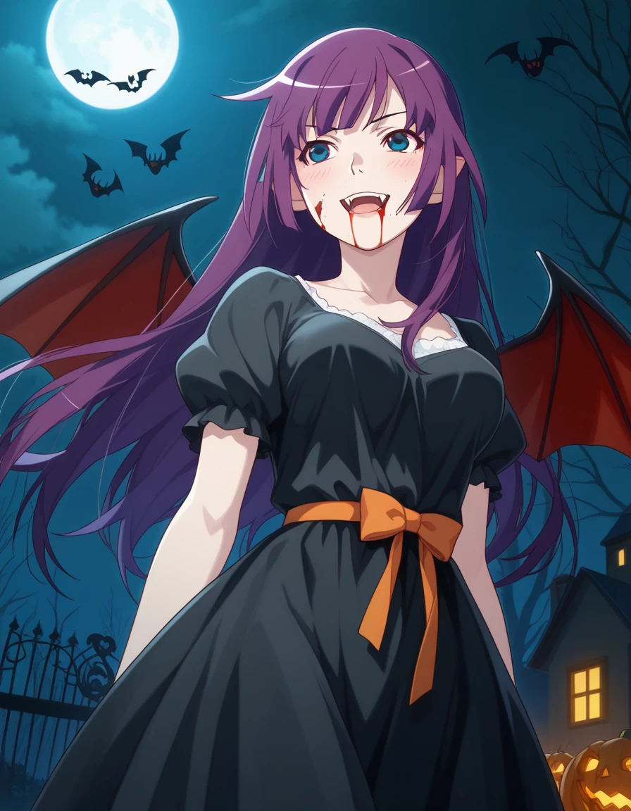 masterpiece, best quality, amazing quality,, <lora:hitagi-senjougahara-anime-illustriousxl-lora-nochekaiser:1>, hitagi senjougahara, bangs, long hair, blue eyes, purple hair, breasts, anime screencap, <lora:vampire-ponyxl-lora-nochekaiser:1>, vampire, red eyes, pointy ears, fangs, black dress, wings, blood, blood on face, blood on mouth, bat (animal), halloween, halloween costume, upper teeth only, night, moon, blush, smile, open mouth, , cowboy shot, solo