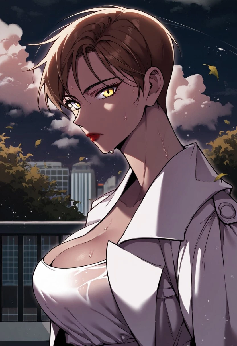 detailed face, detailed eyes, high resolution, intricate design, sharp edges, smooth, high detailed, god level, good proportions, detailed fingers, hairymorph, hairy arms, hairy legs, hairy thighs, hairy armpits
...
(Kiril, 1girl, cleavage, white skin, Short hair, brown hair, snake eyes, yellow eyes, red lipstick, White coat, white shirt)
...
looking at viewer, standing, side view, close up, waist up, wet, sweat, portrait
...
score_10, score_9, score_8, 1girl, solo, alone, closed mouth
...
outdoors, buildings, night, wind, leaves, clouds