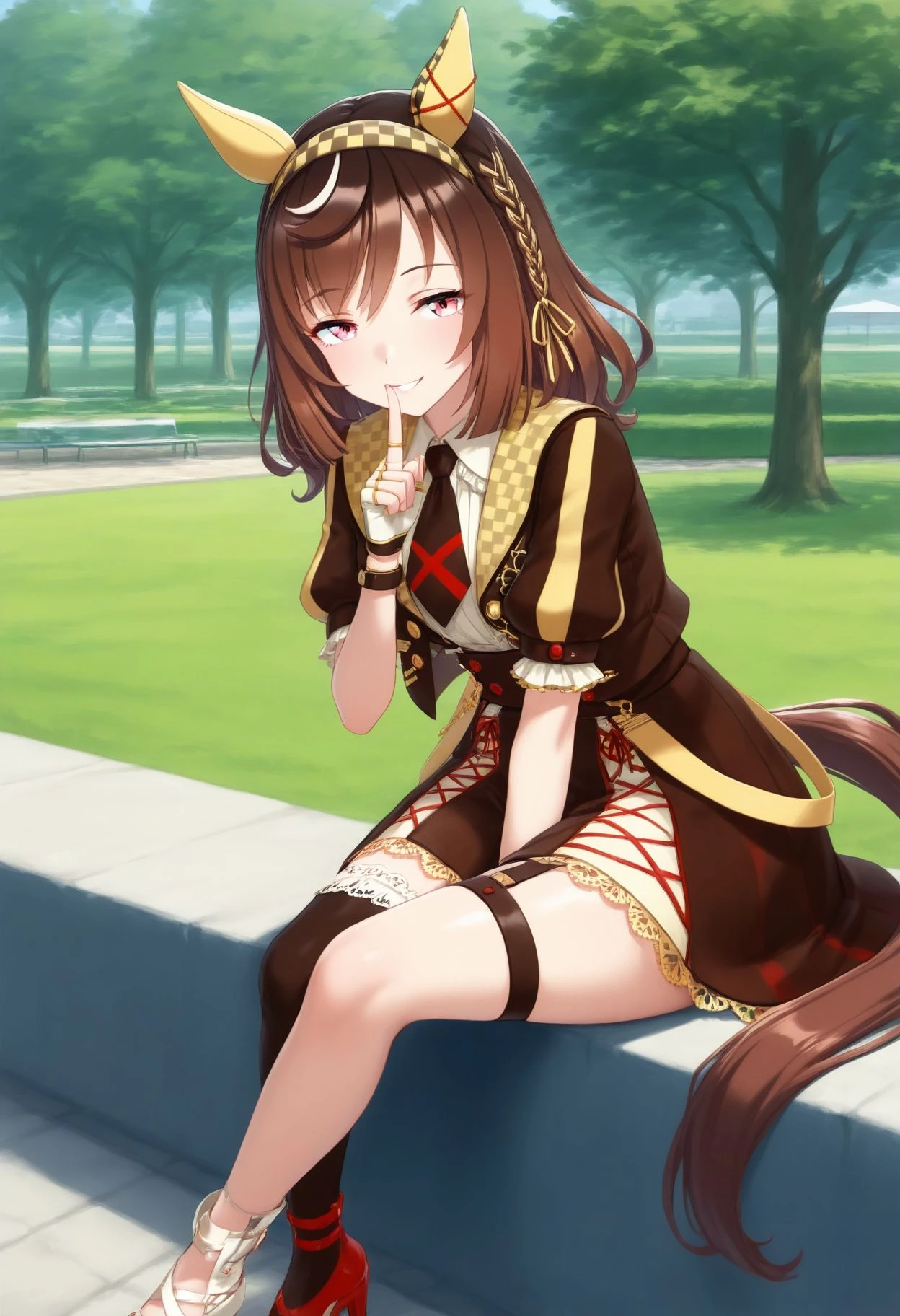 1girl, umamusume, buena vista \(umamusume\), ear covers, brown jacket, puffy sleeves, brown skirt, necktie, racing colors, cross-laced skirt, single thighhigh, single garter strap, mismatched footwear, red footwear, white footwear, high heels, fingerless gloves, mismatched gloves, white gloves, black gloves,
horse girl, horse tail,
outdoors, park,
sitting, shushing, narrowed eyes, seductive smile, <lora:buenavistaillv1:1>,, best quality,very aesthetic,