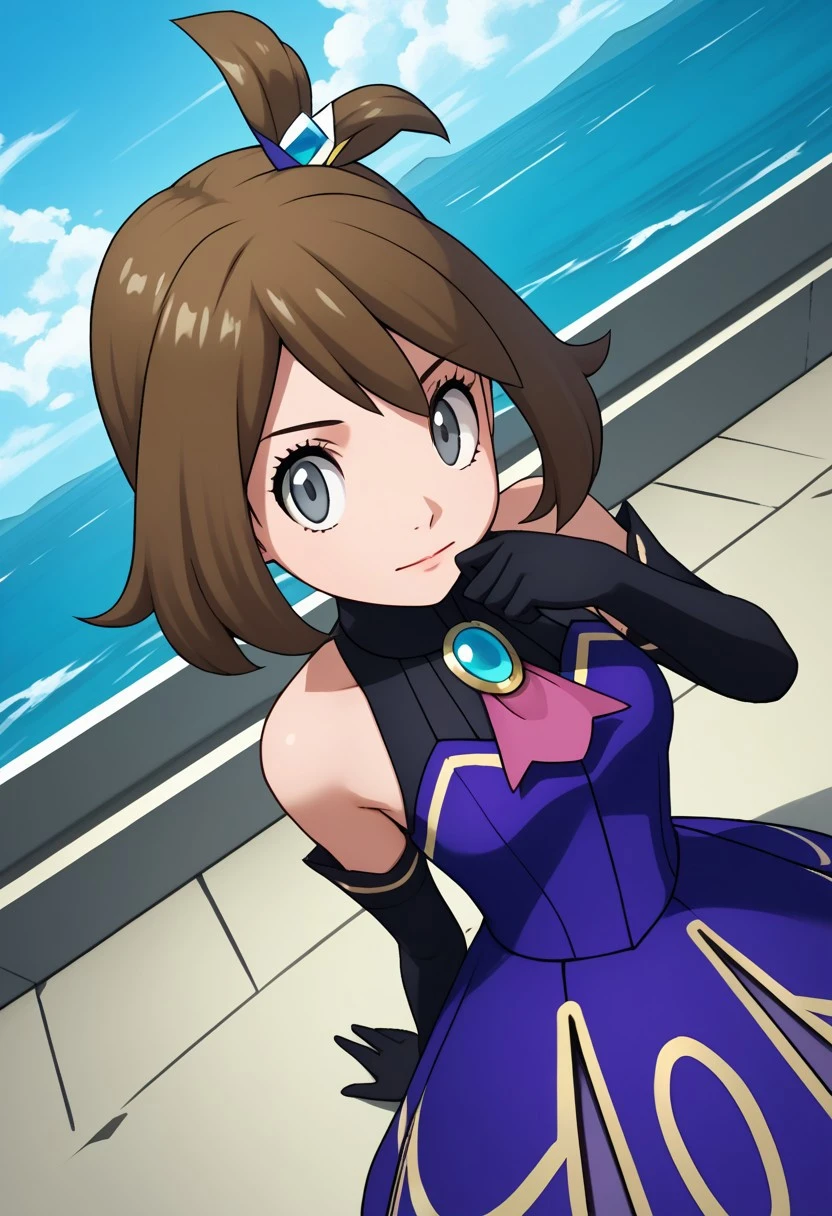 2d, masterpiece, best quality, amazing quality, 1girl, solo, close-up, standing, upper body, from above, dutch angle, looking at viewer, sky, ncmay, ex colors, (may \(pokemon\):0.5), grey eyes, brown hair, medium hair, hair ornament, blue dress, purple dress, sleeveless, bare shoulders, elbow gloves, black gloves, purple ascot, knees, shoes, high heels, purple footwear, score_9, score_8_up, score_7_up,source_anime, masterpiece, best quality, amazing quality, highres, absurdres, newest