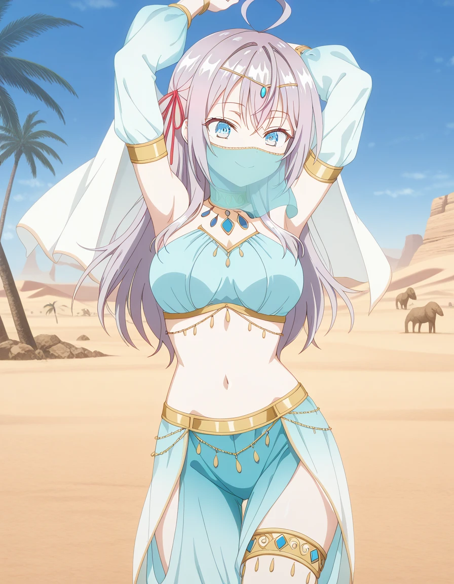 ((kinako (shiratama mochi) style)), colorful eyes, soft style, masterpiece, solo, 1 girl, topless, large nipples, nipples, white sarong, harem outfit, semi transparent skirt, beautiful art, vibrant, flat chests, desert, tent, platinum blonde hair, dancing, different poses, narrow waist, slender legs, hairband, jewely, necklace, bracelet, white mouth veil, veil, headdress, navel, thigh strap, abstract, night, moonlight, light hair, waist pouch, blue eyes, high angle shot, top view, black eyeliner, sparkling, winking, side view, arched back, flexible body, serene face, soft eyes, relaxed, calm, smiling, bonfire, enchanted, thin, ribcage