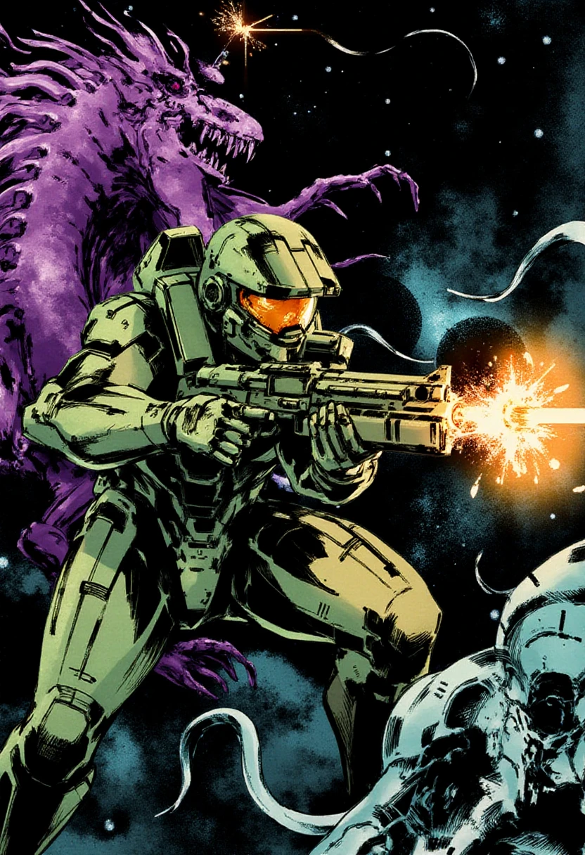 <lora:Yoji_Shinkawa_Style_FLUX-000012:0.9>
This is a digital illustration in a manga-inspired, dark, and gritty yshinkawa style. The artwork features Master Chief shooting at aliens in space