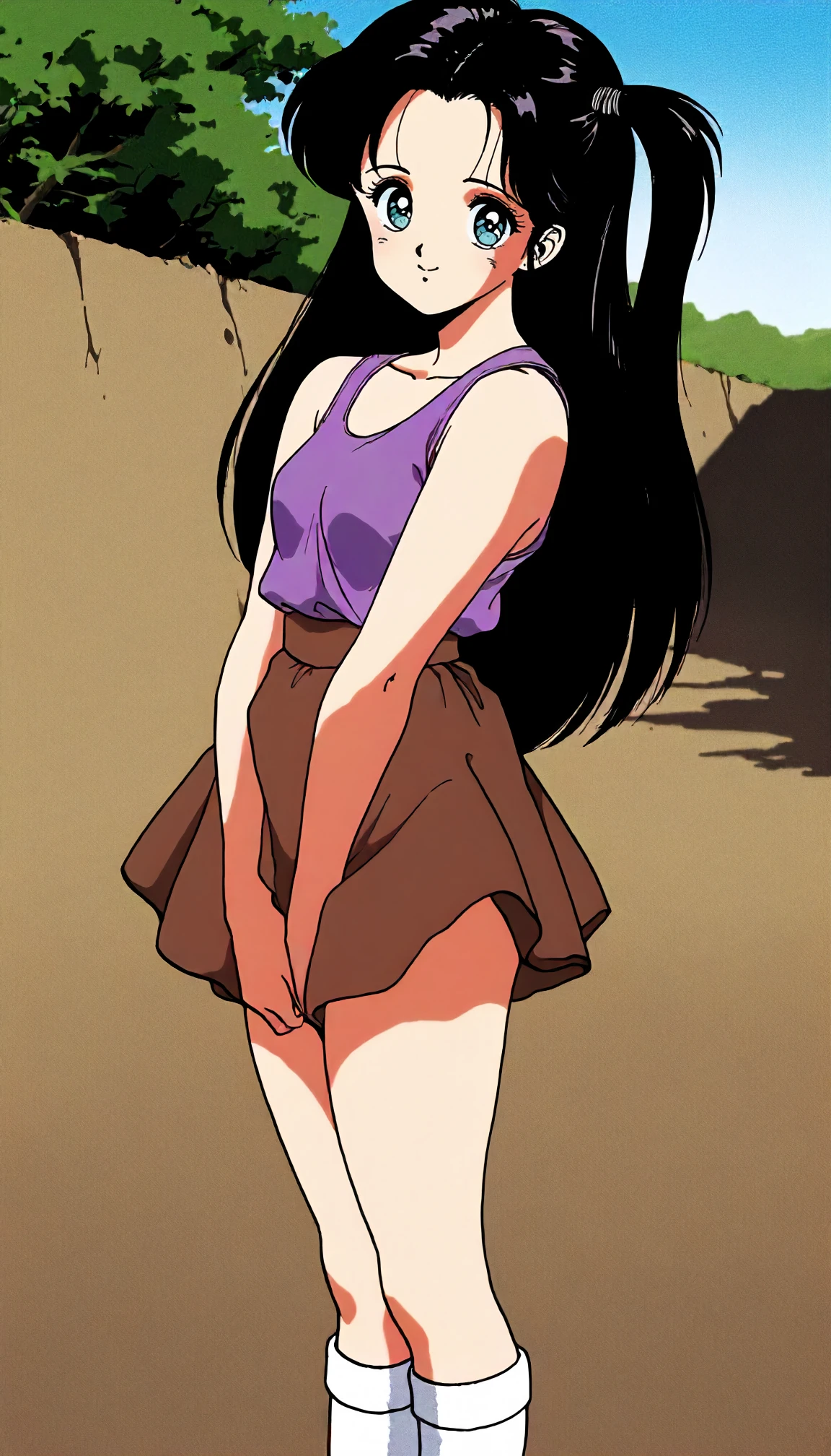 ,Kyoko,score_9,score_8_superior,score_7_superior,sauce_anime,One girl,alone,View your viewers,in the forest、Yellow dress、squat、Spread your legs、Panties,Front view,Are standing,Embarrassing,:d,arms_behind_return,