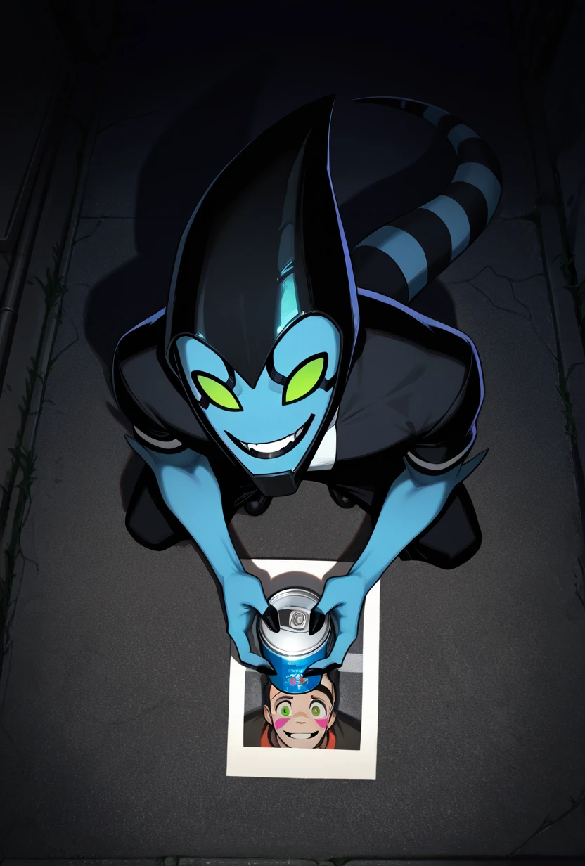 <lora:xlr8-08:1> xlr8, solo, green eyes, blue skin, black lips, stripped tail, 1boy, black mouth strip,, detailed background, <lora:concept_flasheffect-ill-vpmini:1> vignetting contrast, shadow, dark, night, polaroid photo, cctv footage, brat, street, holding pray can, zoomed in shot, birds eye view, from above, smiling at camera, spray painting, graffiti, masterpiece, best quality, amazing quality, very aesthetic, absurdres, newest,