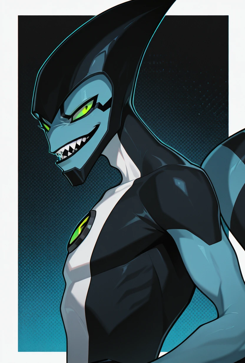 <lora:xlr8-08:1> xlr8, solo, green eyes, blue skin, black lips, stripped tail, black mouth strip, 1boy, black claws, mad, side view, looking at viewer, sharp teeth,, masterpiece, best quality, amazing quality, very aesthetic, absurdres, newest,, upper body, halftone effect, white borders, abstract background:1.2,