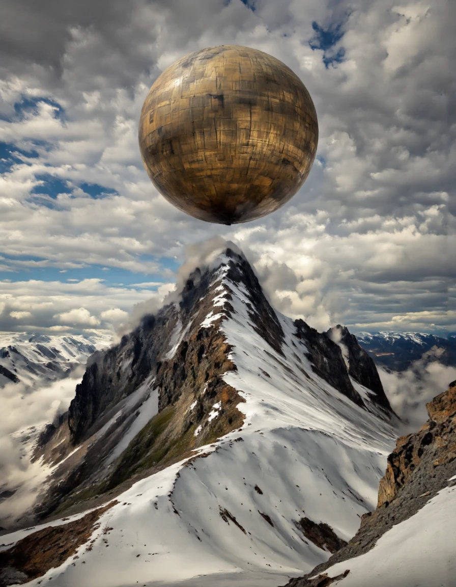Art by Piotr JabÅoÅski. A surreal digital illustration shoot from below about a large, beige sphere floating above a snowy mountain range, with a distant mountain peak in the foreground. the scene is set against a backdrop of a cloudy sky and distant mountains, creating a sense of depth and perspective. in the center of the image, a large sphere appears to be floating above the mountain peak, casting a shadow on the snow-covered peaks below. the sphere is the focal point of the scene, with no other objects or objects in sight, adding to the sense of mystery and wonder. the overall effect is one of an ethereal, dreamlike atmosphere, with the vastness of the sky and the distant mountains providing a stunning backdrop.