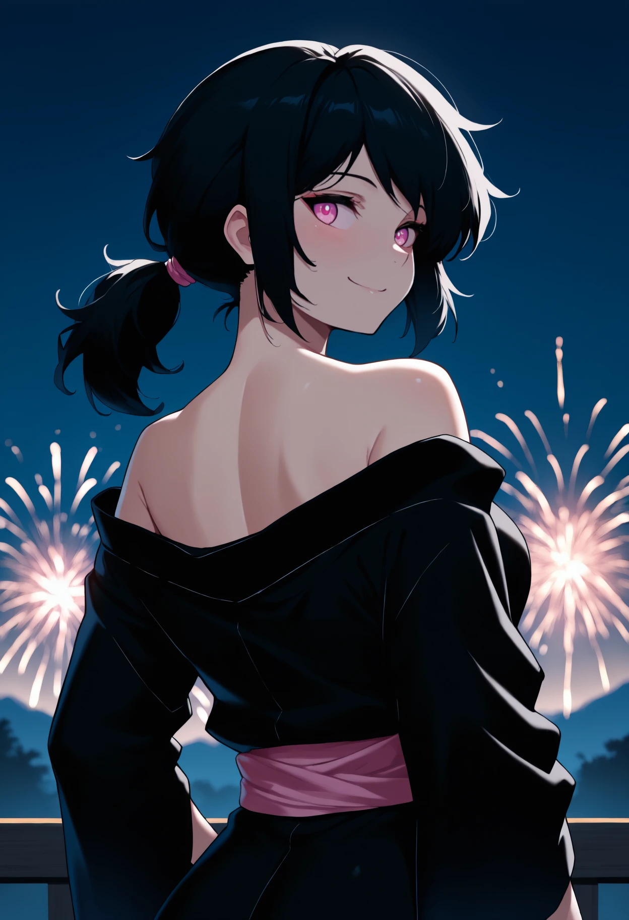 masterpiece, best quality, newest, anime, from behind, solo, 1girl, smile, looking back, black hair, ponytail, pink eyes, japanese clothes, black kimono, off shoulder, pink sash, bare shoulders, outdoors, night, fireworks
<segment:yolo-Anzhc Face seg 640 v2 y8n.pt,0.4,1//cid=11>