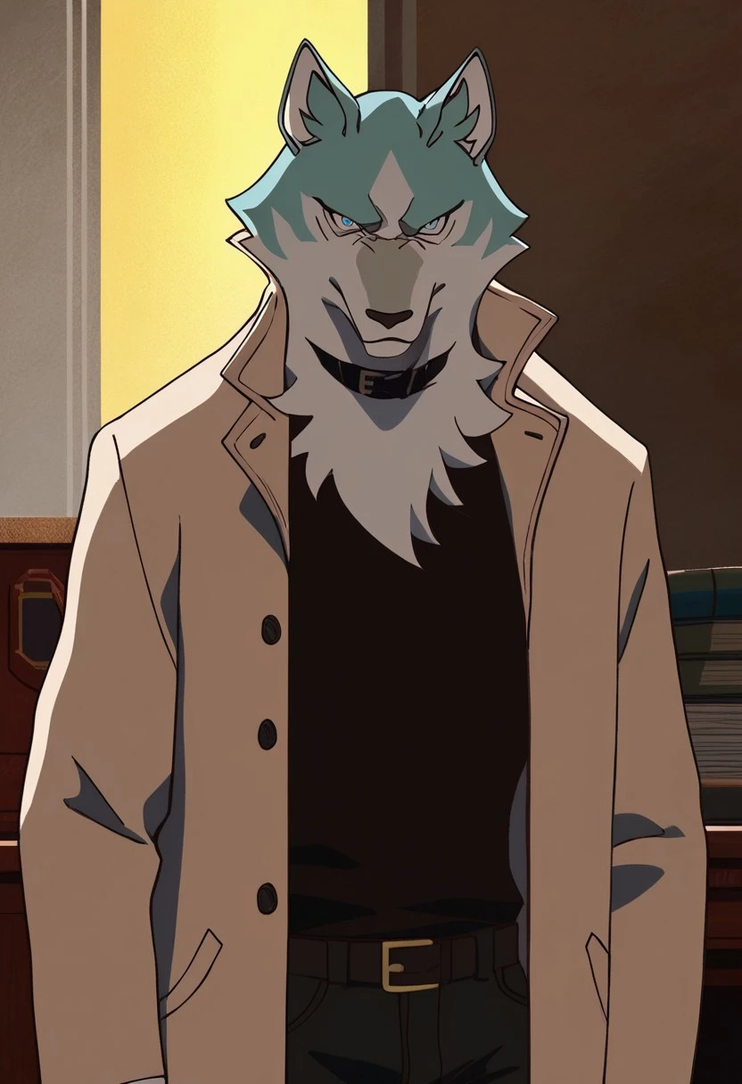 score_9_up, score_8_up, score_7_up, masterpiece, best quality, amazing quality, very aesthetic, absurdres, newest, high quality, detailed, male, solo male, Shirou Ogami, 1boy, mature male, male, athletic build, anthro, wolf, animal ears, white and teal fur, ice blue eyes, light tan trench coat, black sweater, black gloves, dark gray pants, black choker collar, half body, looking at viewer, stern expression, indoors, office, volumetric lighting