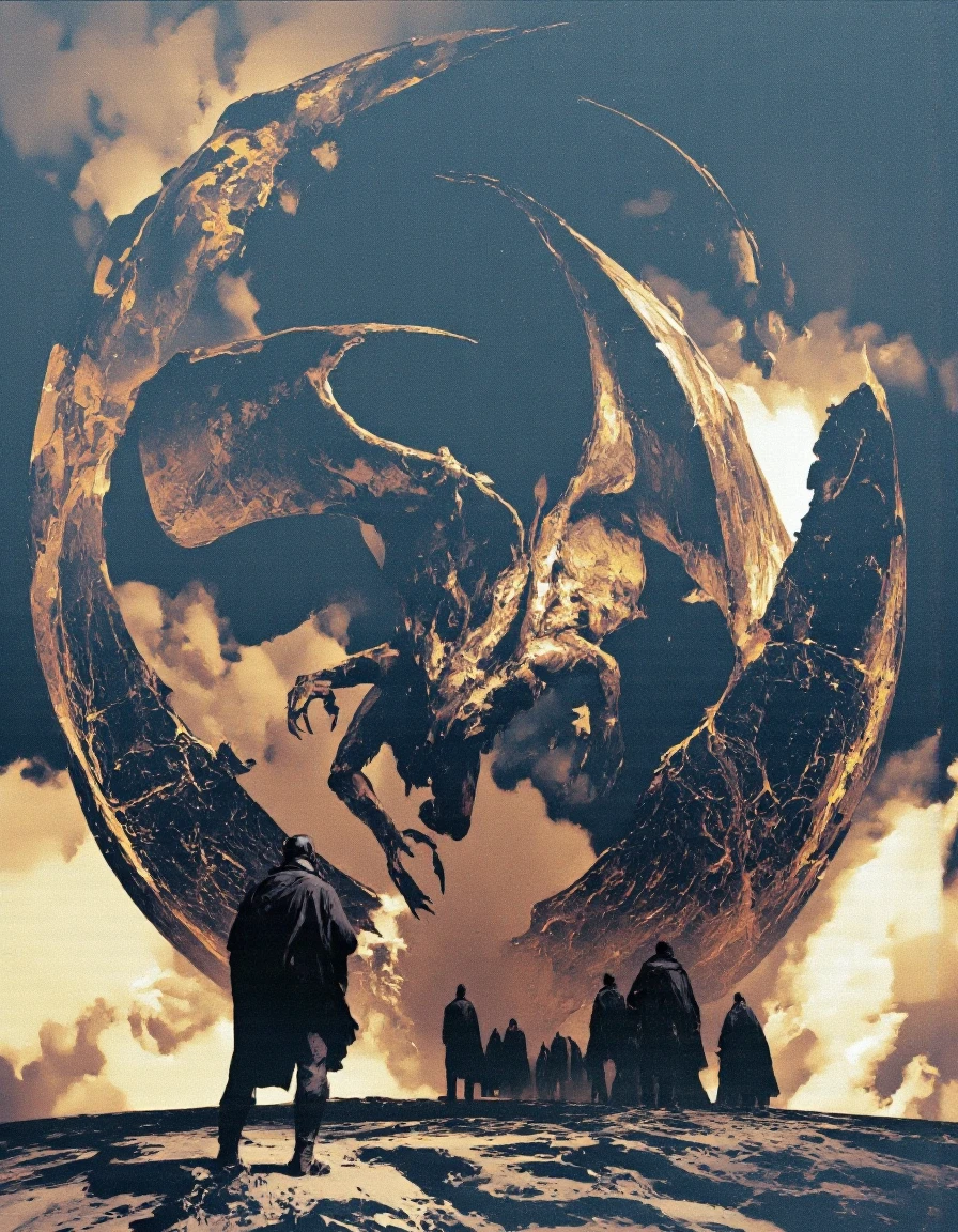 Art by Piotr JabÅoÅski. A dramatic digital illustration shoot from below about a large, imposing dragon soaring through a desert landscape with silhouetted figures below. the image also shows a dramatic, ethereal atmosphere. on the center of the image, a massive, muscular dragon appears to be in mid-air, suspended in the air with its wings spread wide. the dragon has a dark, textured appearance with sharp claws and sharp teeth. it has a glowing, metallic sheen that catches the light, giving it an almost ethereal quality. the background is a gradient of brown and black, with a faint outline of a planet in the distance. the sky is a deep, dark blue, with no clouds in sight. in the foreground, a group of four men, all wearing dark clothing, are standing in a line, facing the dragon. they appear to be looking up at the dragon, with their backs to the viewer, as if they are observing it closely. the men are positioned in a way that creates a sense of depth and perspective, with the dragon's wings and scales standing out against the desert landscape.