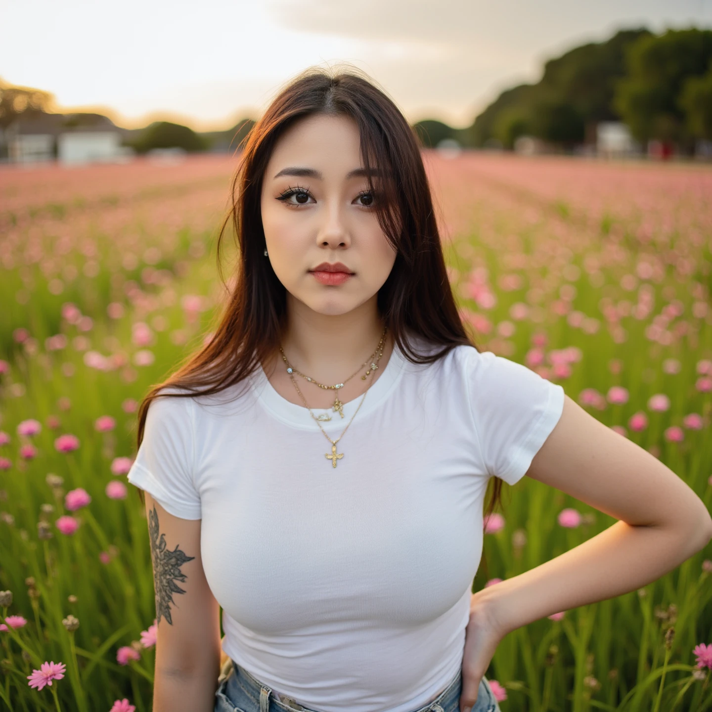 (A cinematic shot of a young woman with a light to medium skin tone. a stunning female model, straightened hair, makeup and mascara. She is wearing a white t-shirt, standing in a vibrant flower field looking at the viewer) <lora:hanavocado_:1>