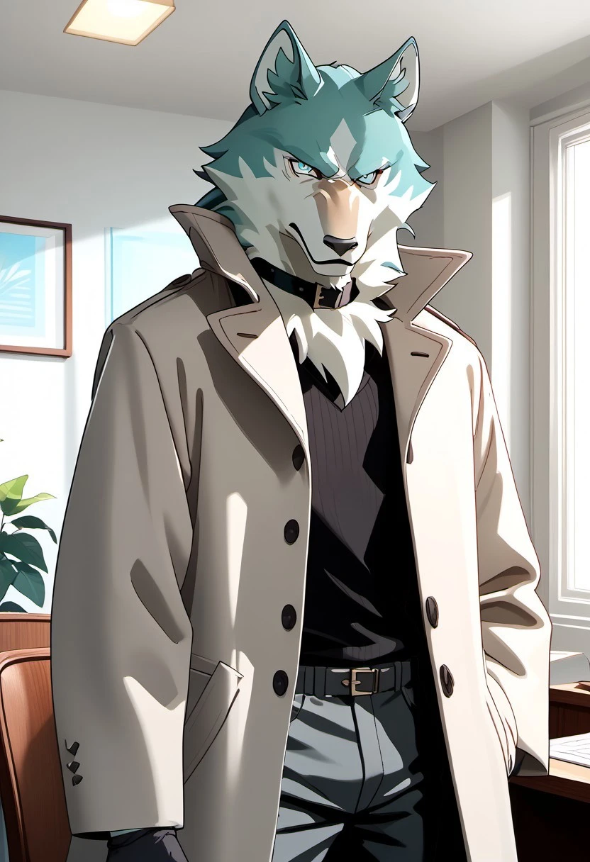 score_9_up, score_8_up, score_7_up, masterpiece, best quality, amazing quality, very aesthetic, absurdres, newest, high quality, detailed, male, solo male, Shirou Ogami, 1boy, mature male, male, athletic build, anthro, wolf, animal ears, white and teal fur, ice blue eyes, light tan trench coat, black sweater, black gloves, dark gray pants, black choker collar, half body, looking at viewer, stern expression, indoors, office, volumetric lighting