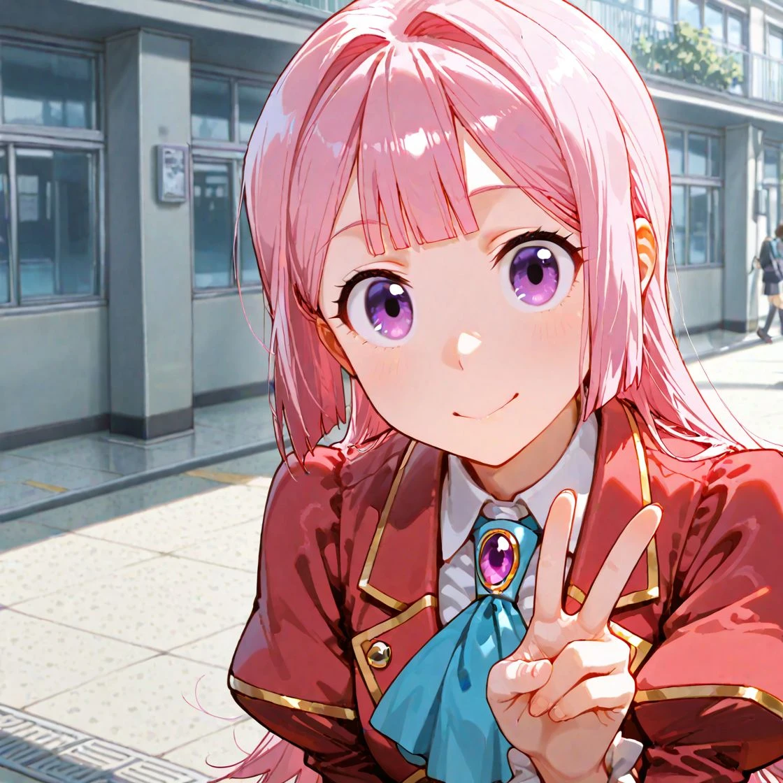 <lora:dmd2_sdxl_4step_lora:1>, ,incredibly absurdres, absolutely resolution, best quality, very aesthetic, masterpiece, safe,<lora:AIイラストおじさん_style_illustrious_goofy:1>,
anna_doll, pink hair, long hair, <lora:anna_doll_illustXL:1>,
red jacket, school uniform, school, looking at viewer, puffy sleeves, juliet sleeves, ascot, v,