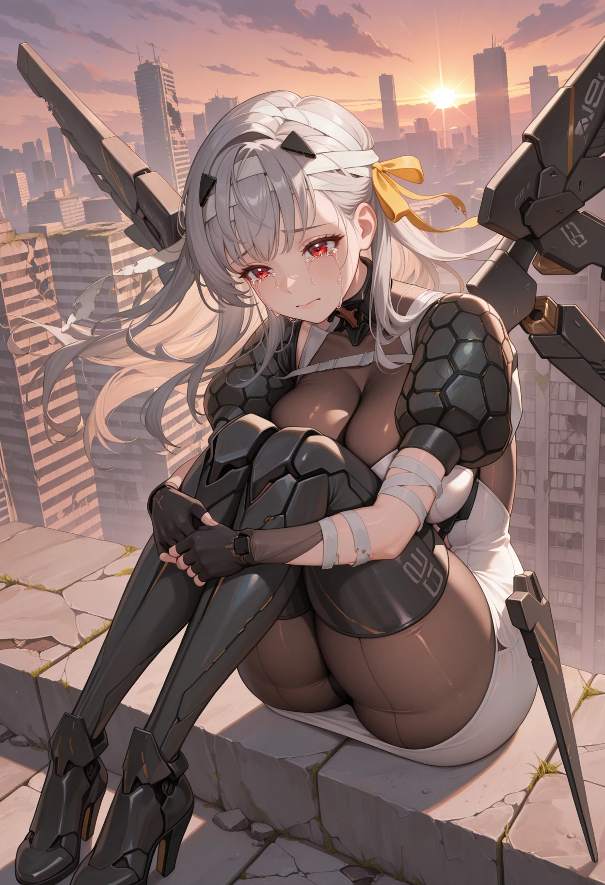 masterpiece, best quality, absurdres, highres, newest, 1girl, solo, <lora:modernia-nikke-richy-v1_ixl:1> moderniadef, red eyes, grey hair, long hair, bangs, hair ribbon, yellow ribbon, hair ornament, bandaged head, bodystocking, cleavage, shoulder armor, white dress, grey shirt, fingerless gloves, mecha musume, large breasts, looking at viewer, crying with eyes open, outdoors, post-apocalypse, sunset, floating hair, full body, knees up, hugging own legs, sitting, (mechanical wings:1.3), spread wings, thigh boots, mechanical boots, thighs, city