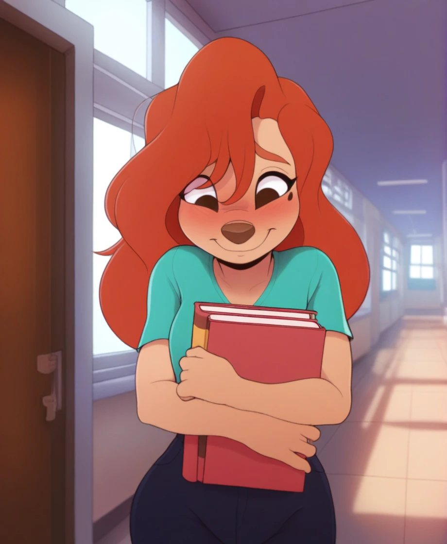 masterpiece, highly detailed, solo, school hallway, roxannerover, beauty mark, red hair, regular clothes, holding books, head down, shy smile, blush, by sukebepanda, <lora:RoxanneXL_010-Noob-nd32-na64-lr2-ep13:1>