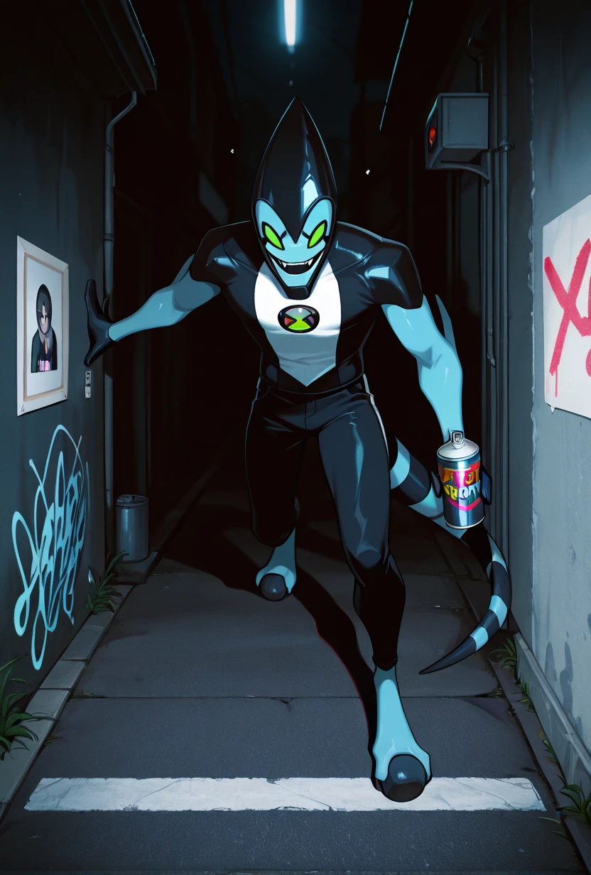 <lora:xlr8-08:1> xlr8, solo, green eyes, blue skin, black lips, stripped tail, 1boy, black mouth strip,, detailed background, <lora:concept_flasheffect-ill-vpmini:1> vignetting contrast, shadow, dark, night, polaroid photo, cctv footage, brat, street, holding spray can, zoomed in shot, , smiling at camera, spray painting, graffiti, masterpiece, best quality, amazing quality, very aesthetic, absurdres, newest,