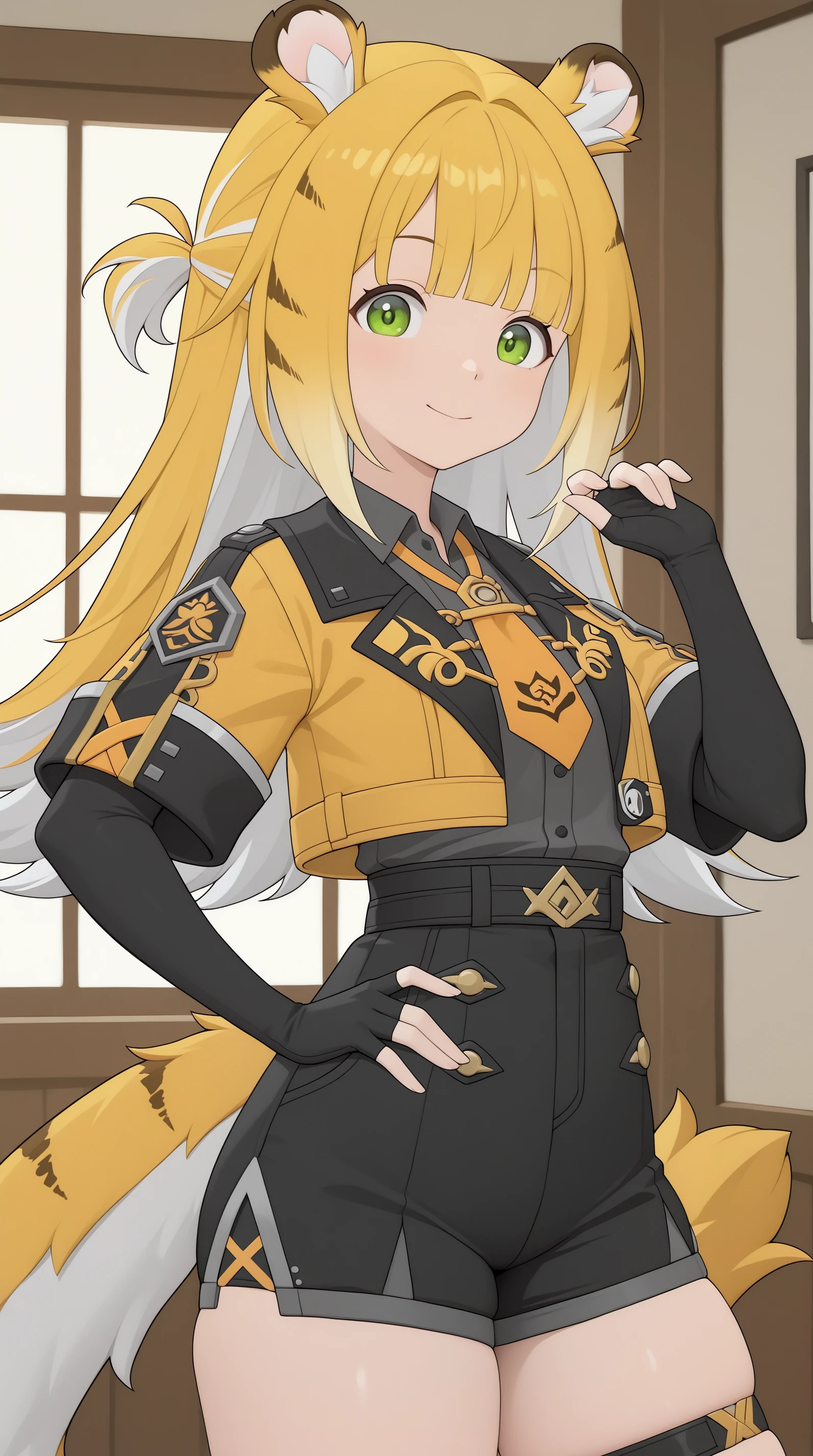 masterpiece, best quality, amazing quality, indoors, pose, aesthetic, cowboy shoot, absurdres, best quality, 4k, upscale, JuFufu, 1girl, solo, green eyes, tiger tail, tiger ears, gloves, shirt, smile, black gloves, short sleeves, fingerless gloves, shorts, blonde hair, closed mouth, looking at viewer, bangs, black shorts, elbow gloves, long hair, collared shirt, multicolored hair, thigh strap, jacket <lora:JuFufu_IL:0.9>