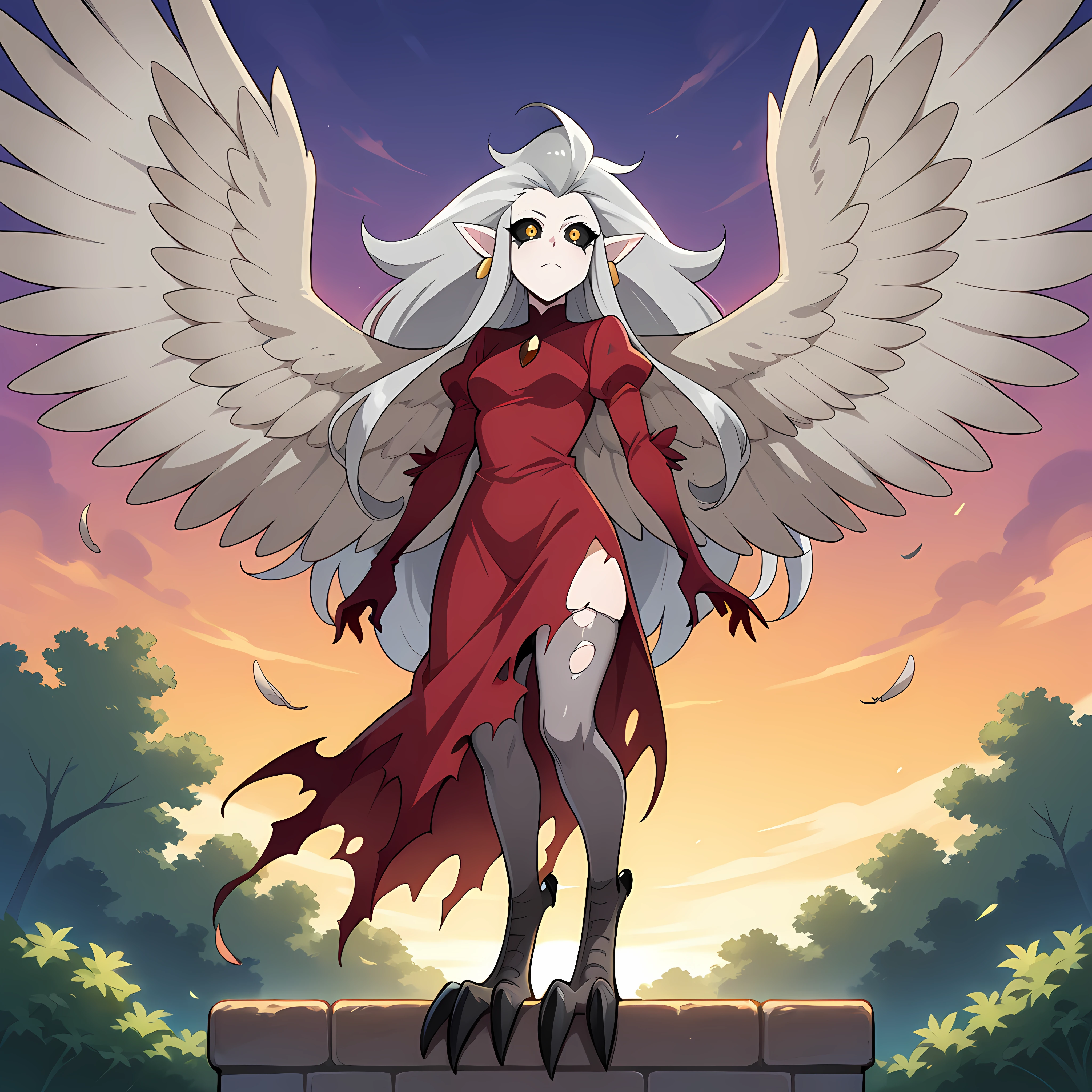 score_9, score_8_up, score_7_up, score_6_up, source_anime, rating_questionable, 1girl, solo, outdoors, eda_toh, pointy ears, long hair, black sclera, yellow eyes, grey hair, jewelry, earrings, moster girl, harpy, wings, red dress, torn dress, talons, coloured skins, feathers, feathered skin