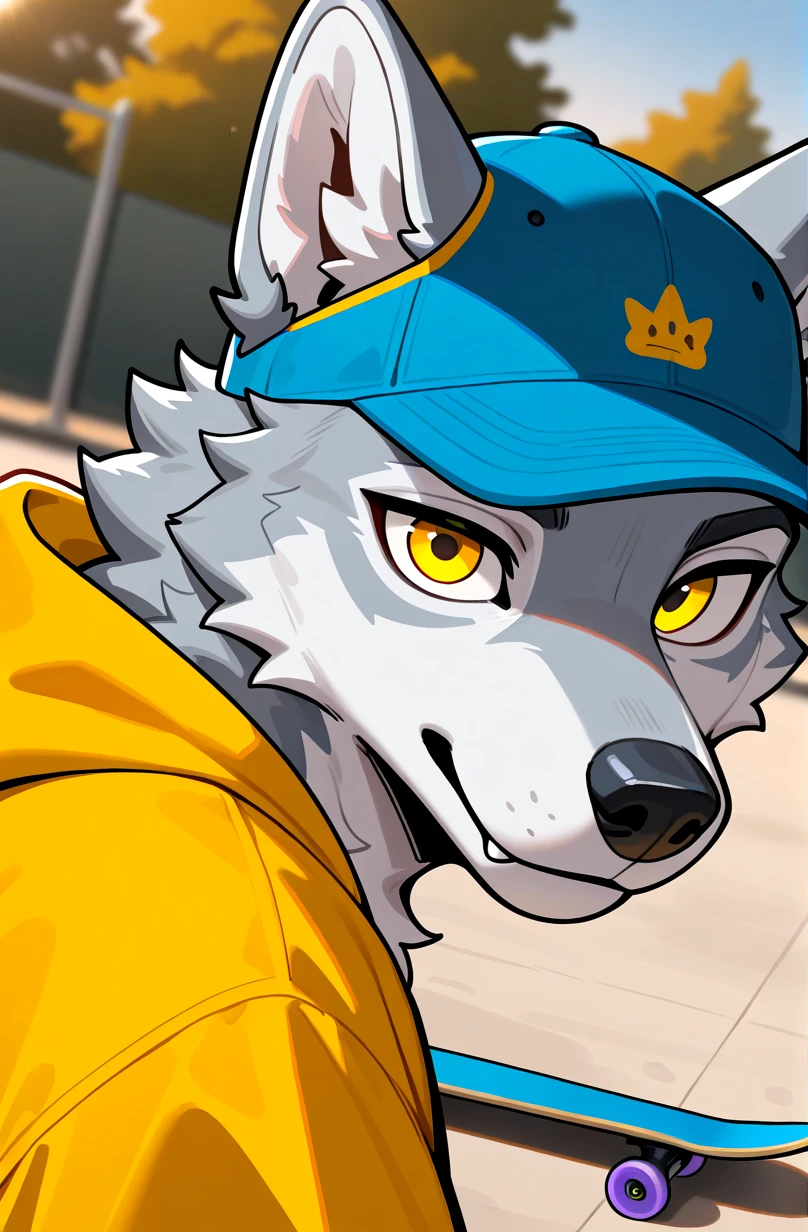 masterpiece, best quality, newest, absurdres, highres, anthro, 1boy, solo, wolf, silver fur, yellow eyes, (muscular:0.60), yellow sweatshirt, blue hat, skateboarding, skate park, daylight, bright, sunny, looking at viewer, portrait, Dutch angle, BREAK, detailed eyes, depth of field, detailed background,