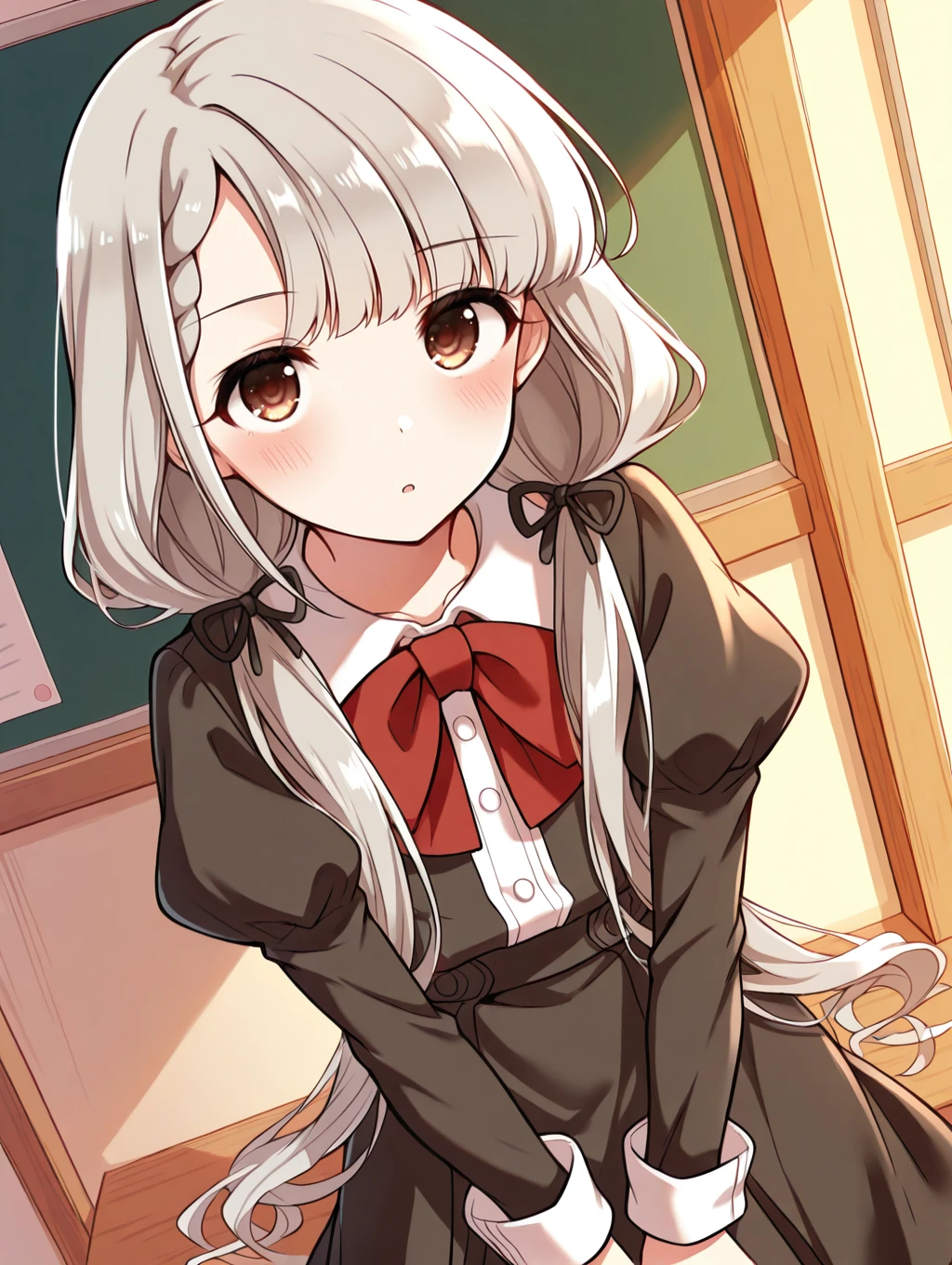 masterpiece,best quality,very aesthetic,absurdres,highres,newest,
hskwng school, hisakawa nagi,
asymmetrical bangs, bow, bowtie, braid, braided bangs, grey hair, hair ribbon,
juliet sleeves, long hair, long sleeves, puffy sleeves, red bow, red bowtie, ribbon,
twintails, black ribbon, blush, brown eyes, collared shirt,
dress shirt, low twintails, shirt, skirt, white shirt,
black jacket, black skirt, black dress,
dress,
eyebrows visible through hair,
eye_focus,<lora:eye_focus:1>,
<lora:idolmaster_hisakawa_nagi_ill_v1.0:1>,