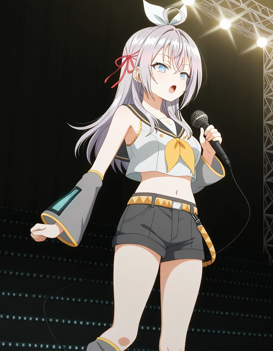 masterpiece, best quality, amazing quality,, <lora:alisa-mikhailovna-kujou-s1-illustriousxl-lora-nochekaiser:1>, alisa mikhailovna kujou, long hair, bangs, blue eyes, hair ribbon, ahoge, grey hair, red ribbon, breasts, anime screencap, <lora:rin-kagamine-cosplay-ponyxl-lora-nochekaiser:1>, rinkagaminecosplay, rin kagamine (cosplay), bare shoulders, belt, black sailor collar, black shorts, bow, crop top, detached sleeves, grey legwear, grey shorts, grey sleeves, hair bow, leg warmers, neckerchief, sailor collar, school uniform, shirt, short shorts, short sleeves, shorts, white bow, white footwear, white shirt, yellow neckerchief,, indoors, stage, stage lights, audience, singing, microphone, holding microphone,, , cowboy shot, solo