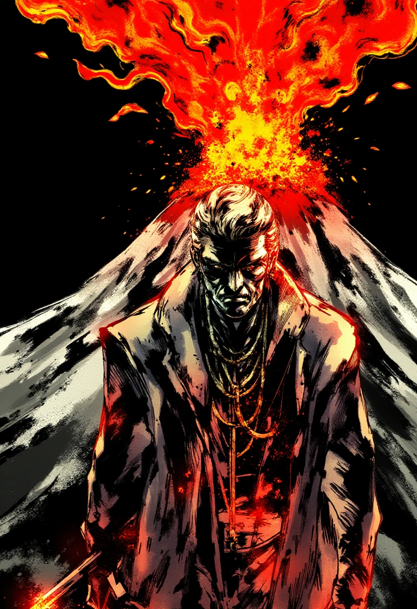 <lora:Yoji_Shinkawa_Style_FLUX-000012:0.9>
This is a digital illustration in a manga-inspired, dark, and gritty yshinkawa style. The artwork features a volcano erupting