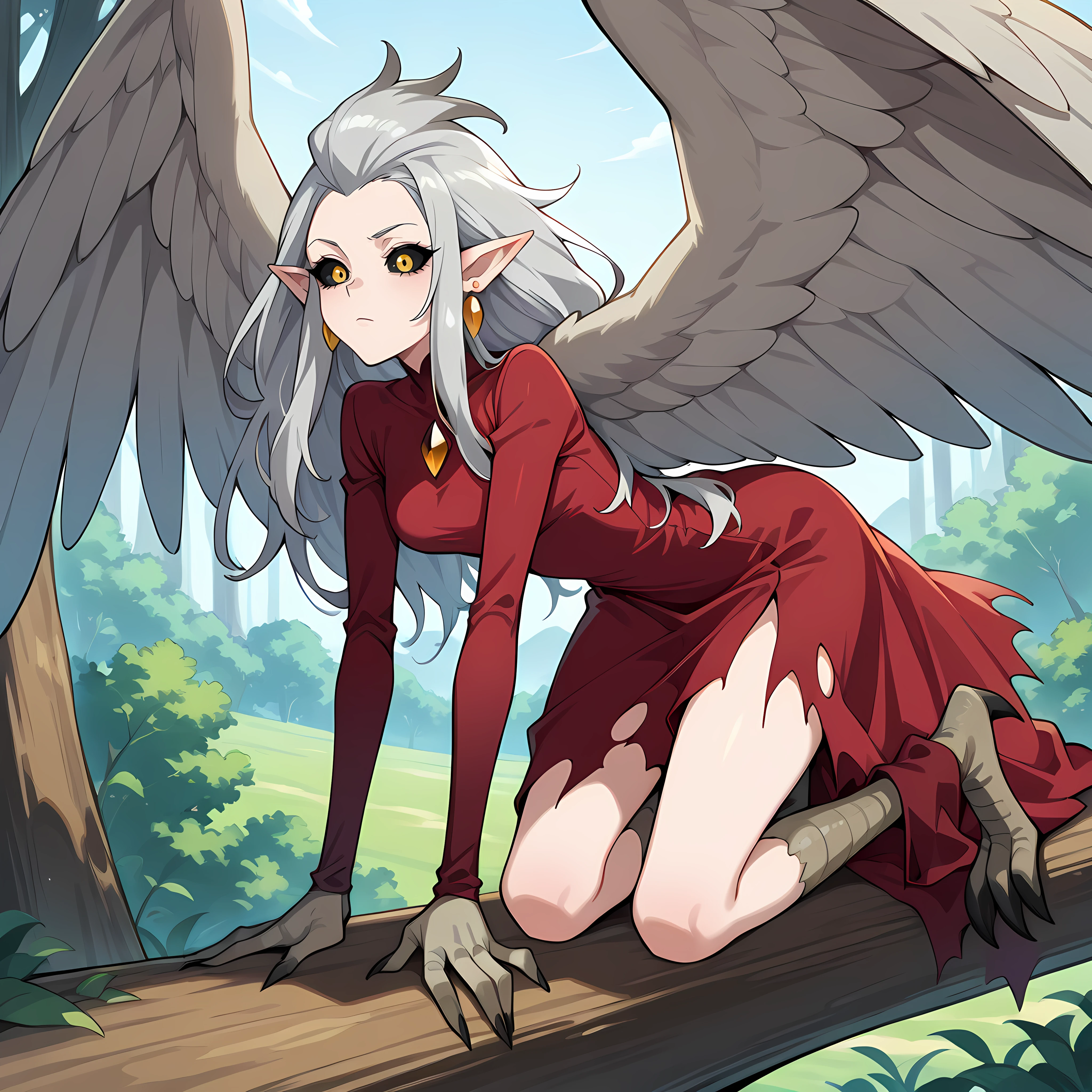 score_9, score_8_up, score_7_up, score_6_up, source_anime, rating_questionable, 1girl, solo, outdoors, eda_toh, pointy ears, long hair, black sclera, yellow eyes, grey hair, jewelry, earrings, moster girl, harpy, wings, red dress, torn dress, talons